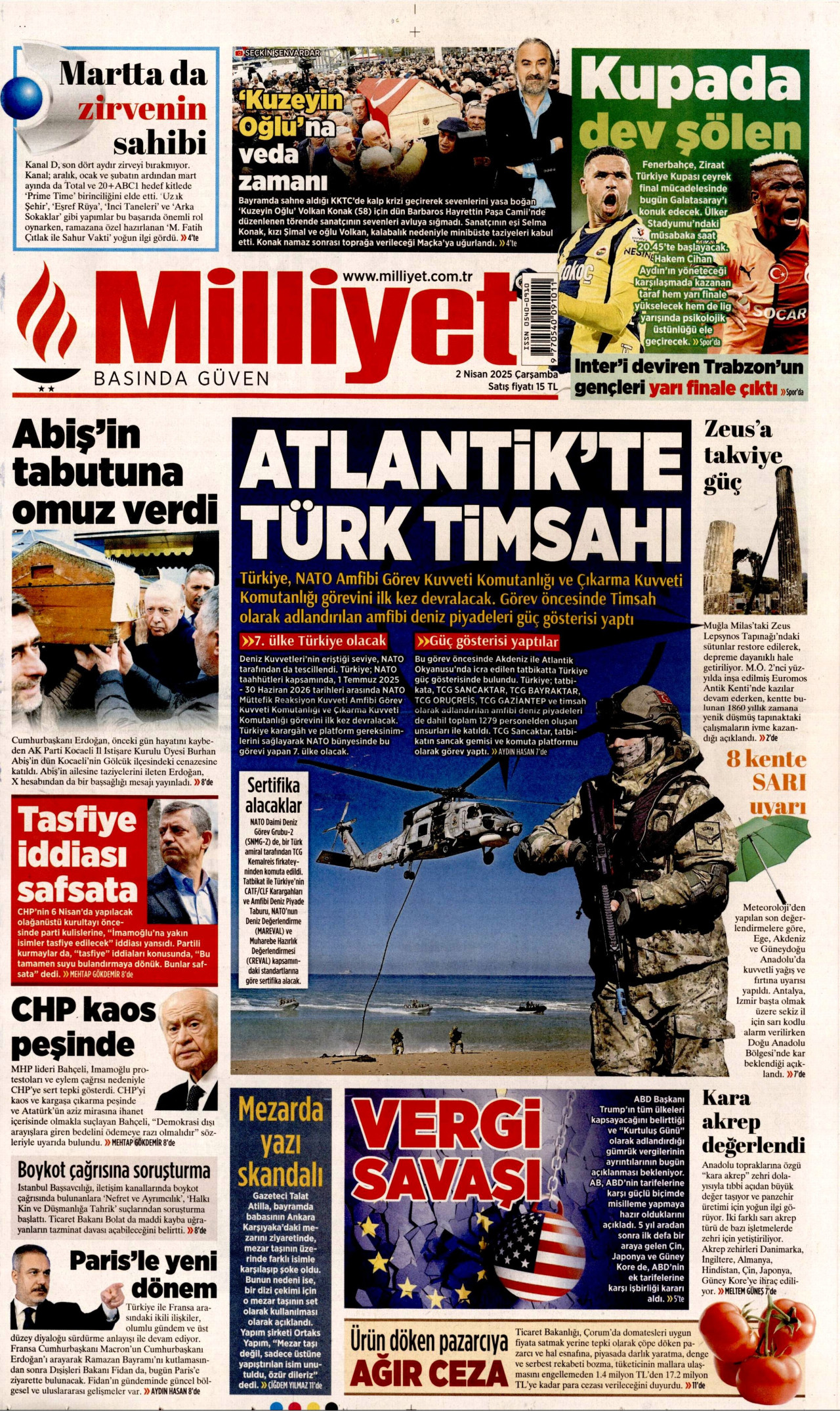 MİLLİYET gazetesinin 2 Nisan 2025 tarihli birinci sayfası