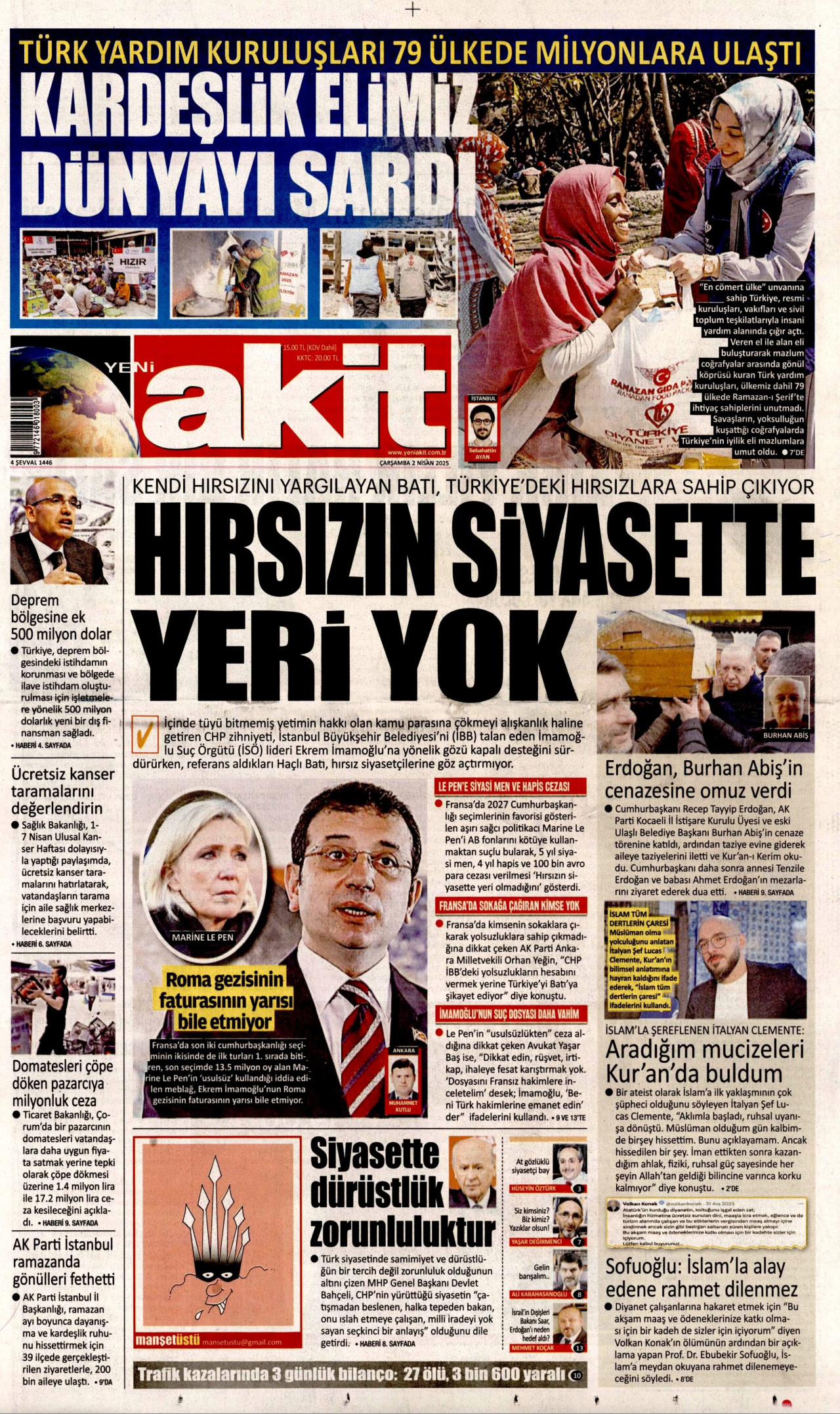 YENİ AKİT gazetesinin 2 Nisan 2025 tarihli birinci sayfası