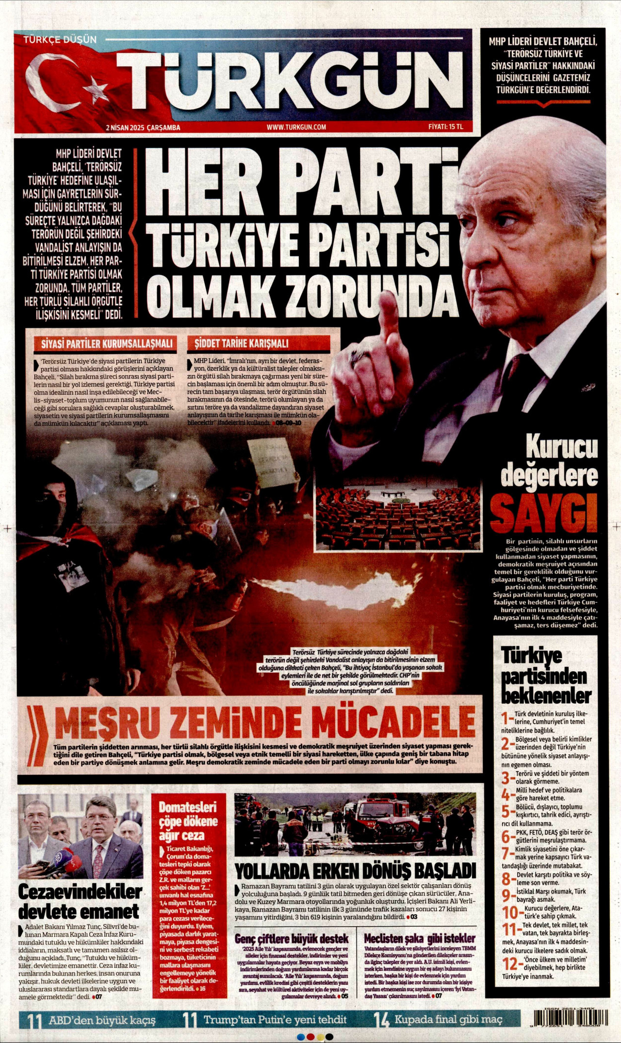 TÜRKGÜN gazetesinin 2 Nisan 2025 tarihli birinci sayfası