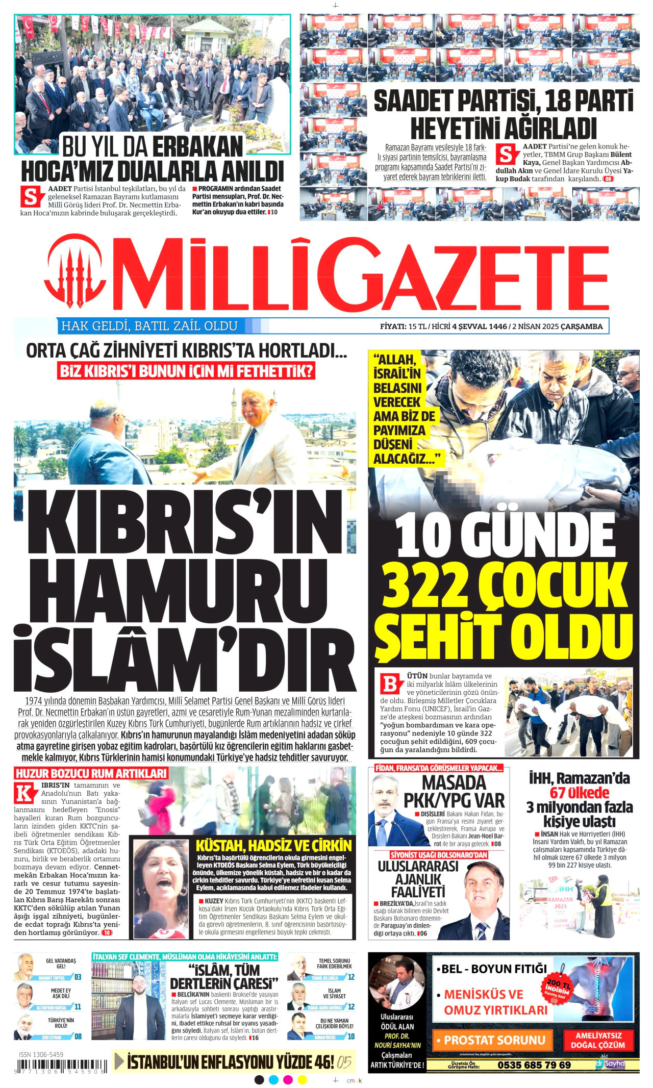MİLLİ GAZETE gazetesinin 2 Nisan 2025 tarihli birinci sayfası