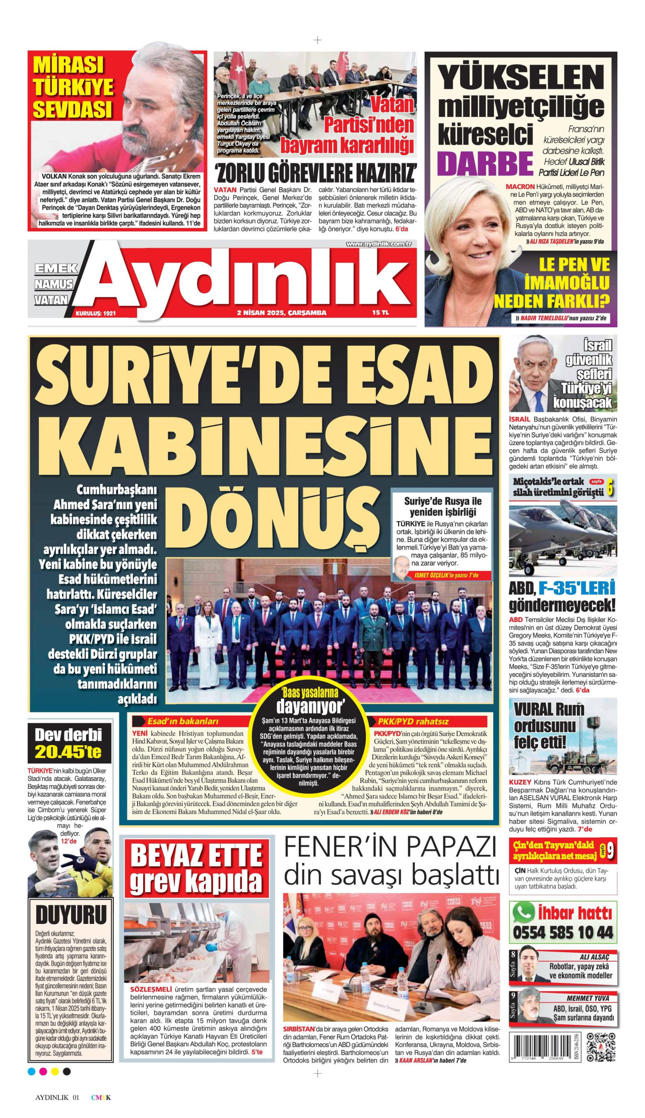 AYDINLIK GAZETESİ gazetesinin 2 Nisan 2025 tarihli birinci sayfası