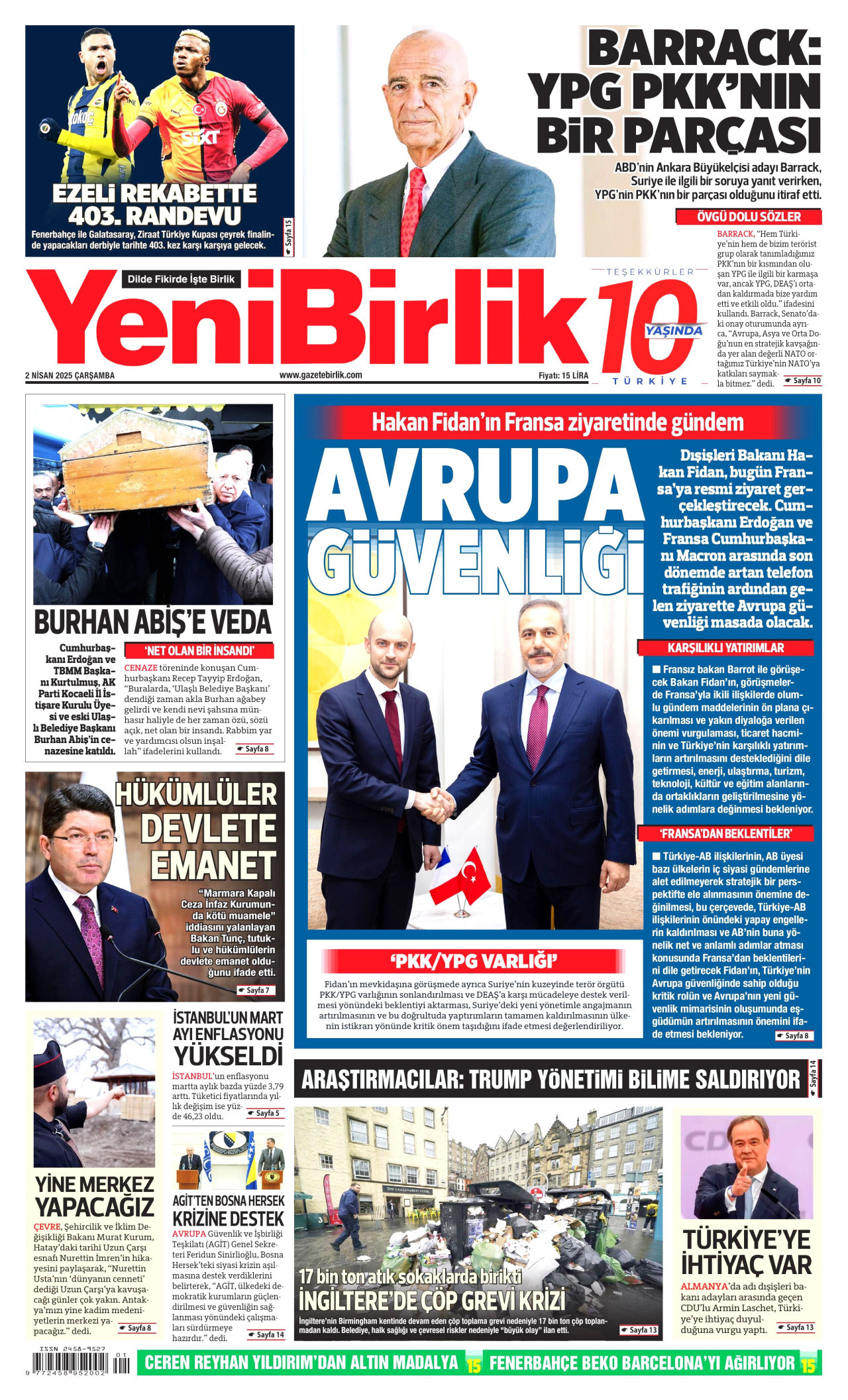 YENİBİRLİK gazetesinin 2 Nisan 2025 tarihli birinci sayfası