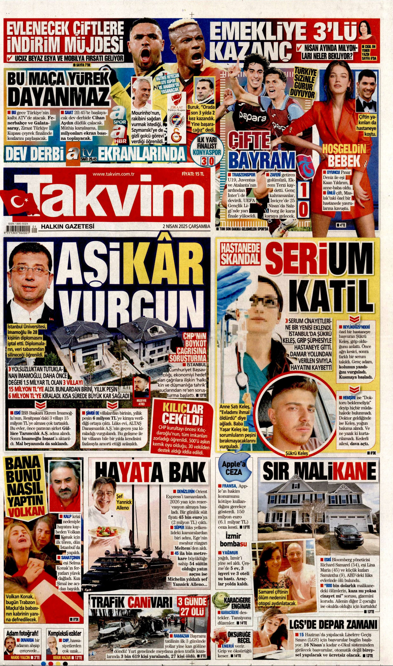 TAKVİM gazetesinin 2 Nisan 2025 tarihli birinci sayfası