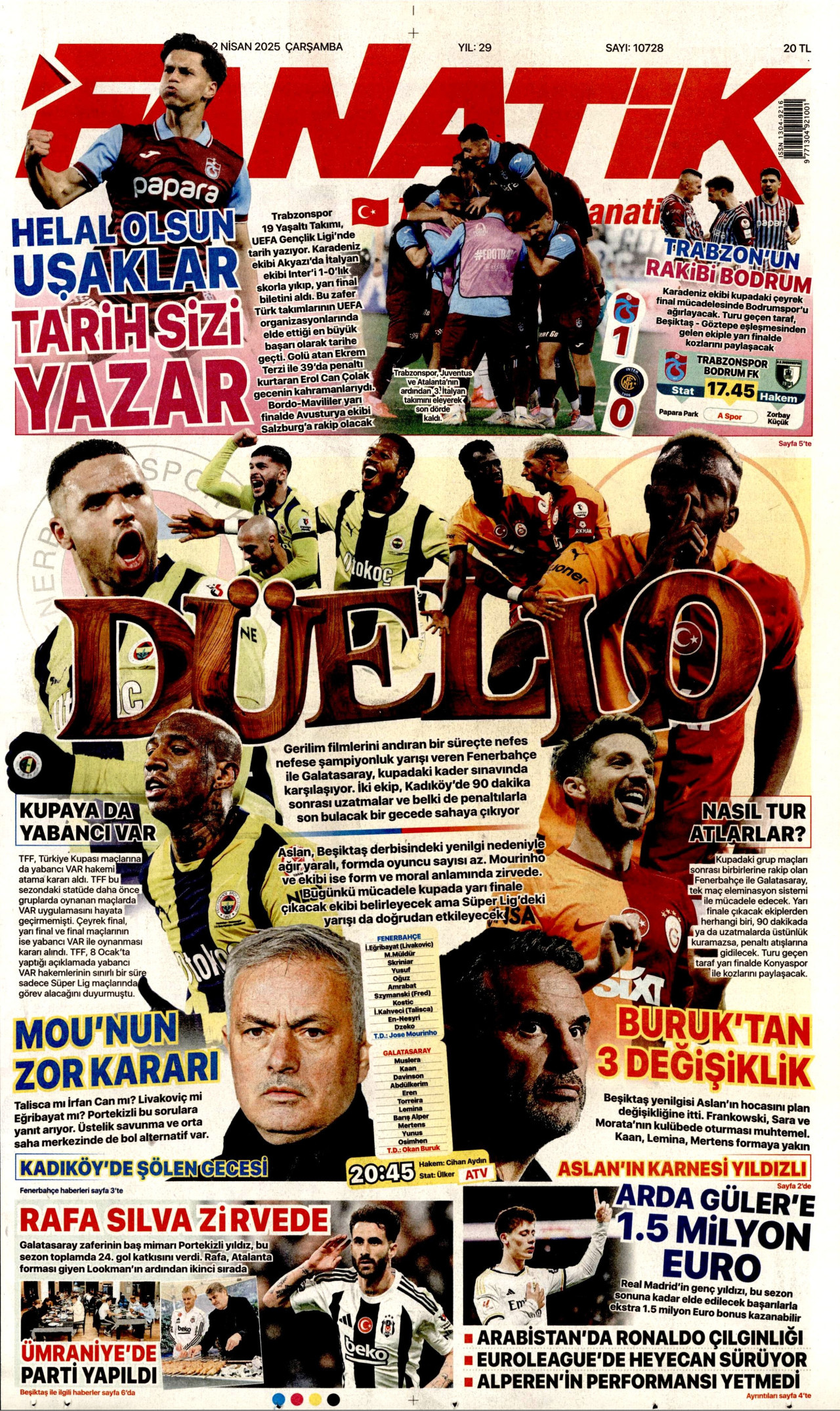 FANATİK gazetesinin 2 Nisan 2025 tarihli birinci sayfası
