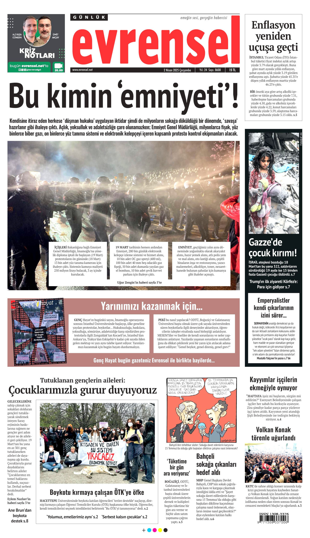 EVRENSEL gazetesinin 2 Nisan 2025 tarihli birinci sayfası