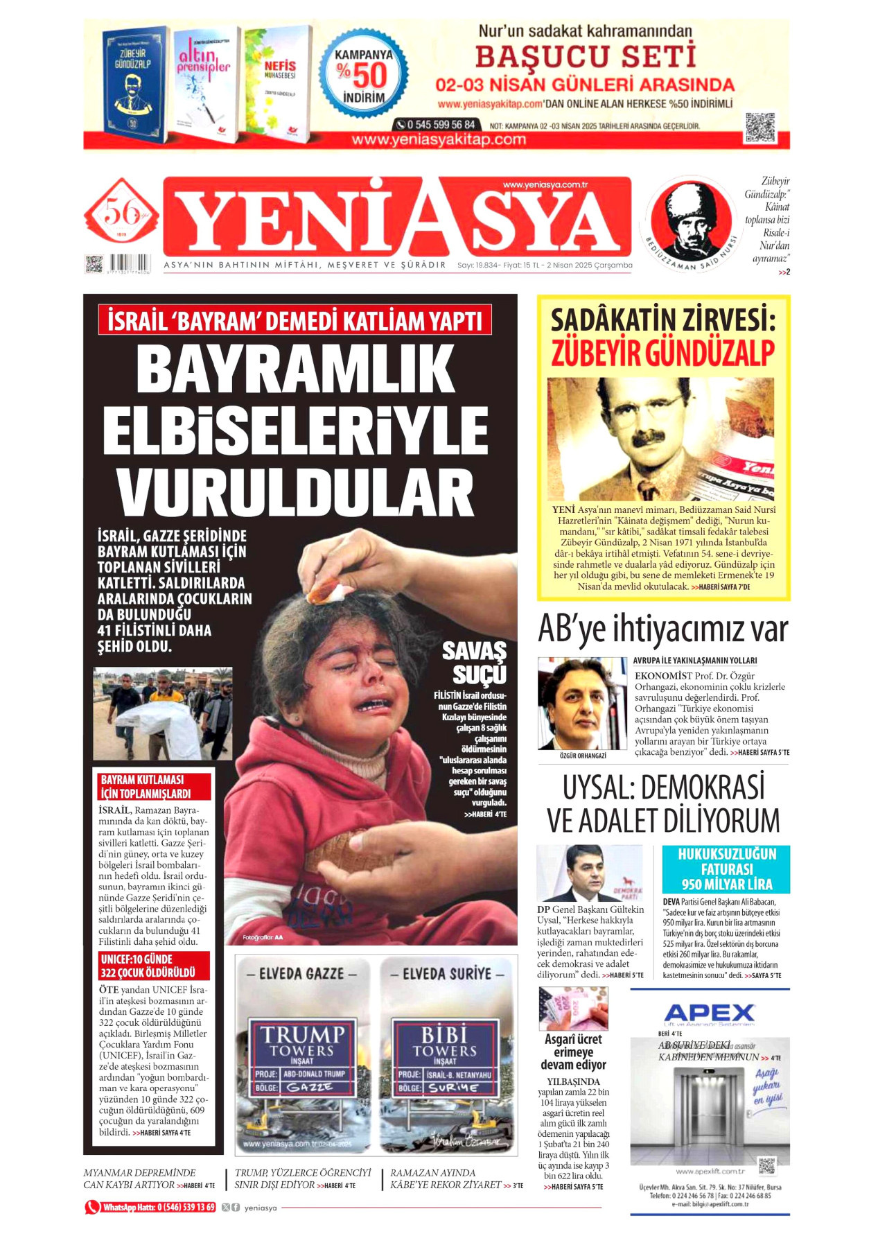 YENİ ASYA gazetesinin 2 Nisan 2025 tarihli birinci sayfası