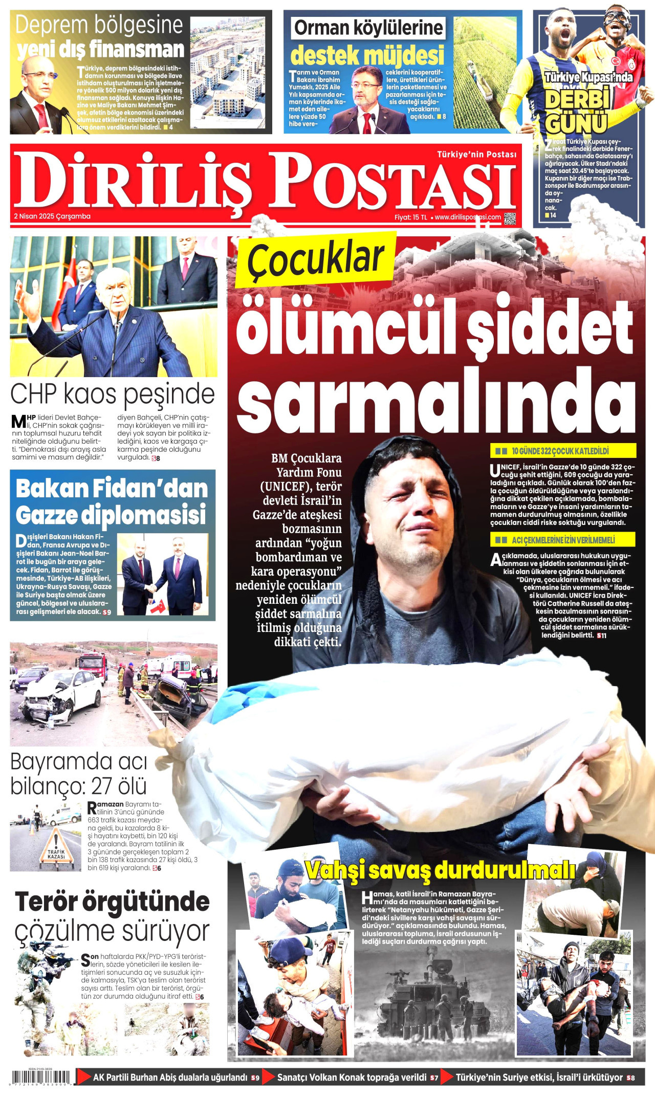 DİRİLİŞ POSTASI gazetesinin 2 Nisan 2025 tarihli birinci sayfası