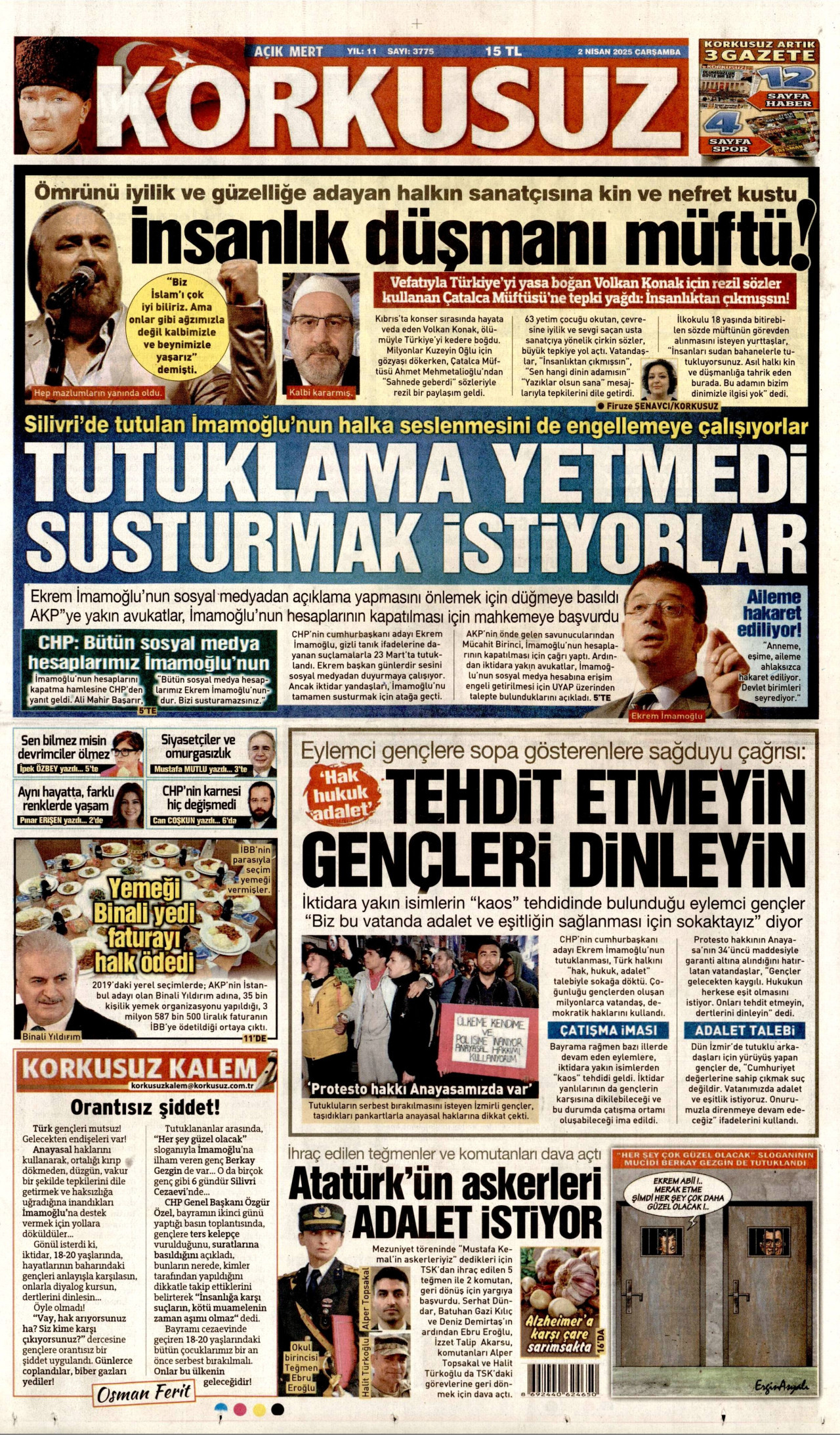 KORKUSUZ gazetesinin 2 Nisan 2025 tarihli birinci sayfası