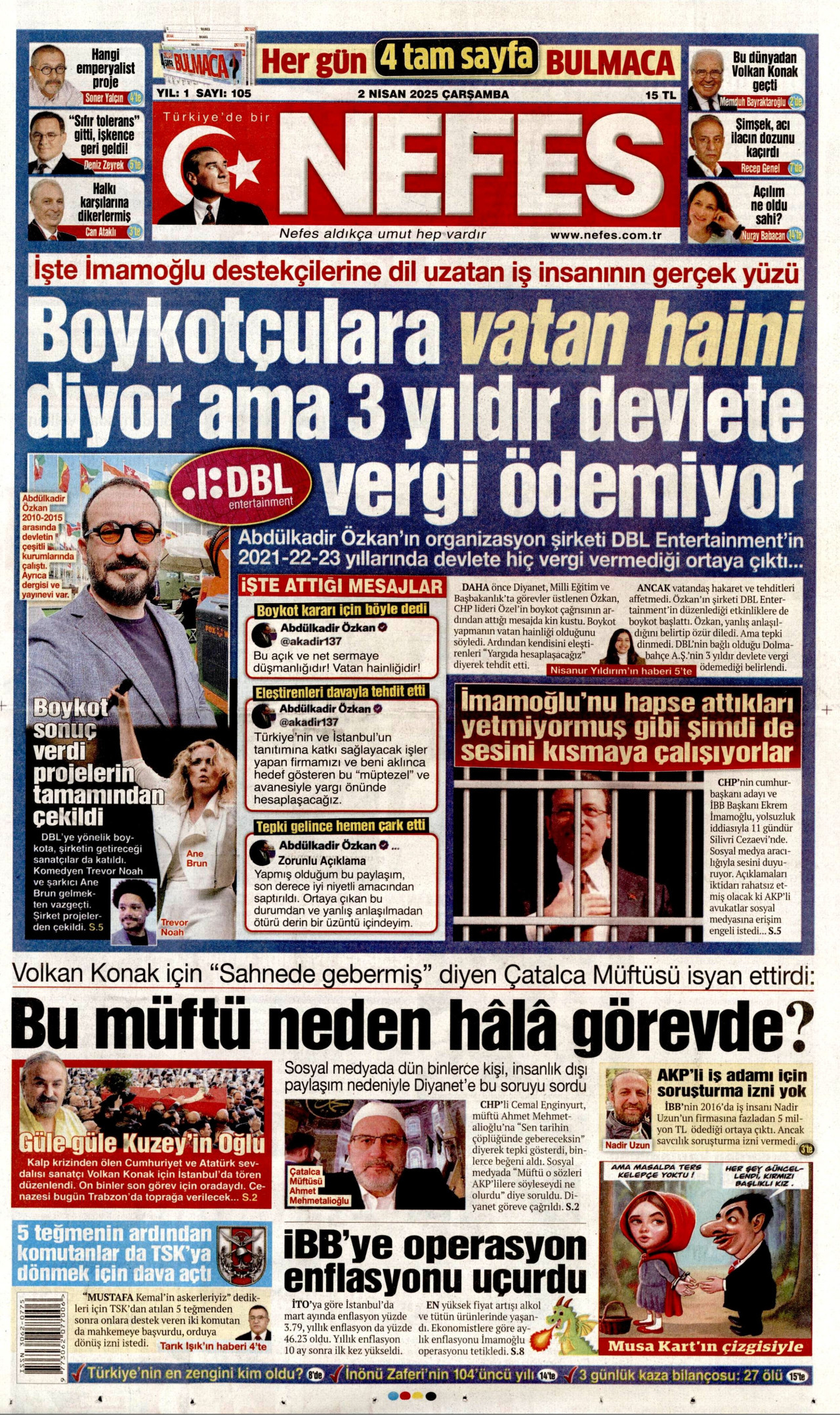NEFES gazetesinin 2 Nisan 2025 tarihli birinci sayfası