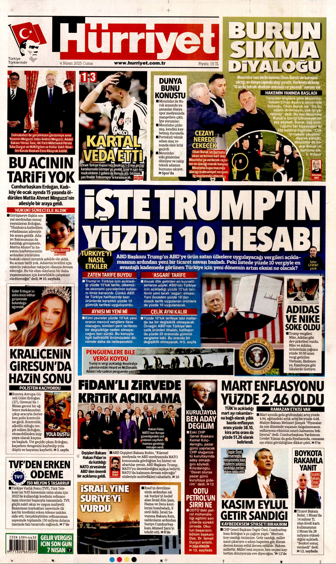 HÜRRİYET gazetesinin 4 Nisan 2025 tarihli birinci sayfası