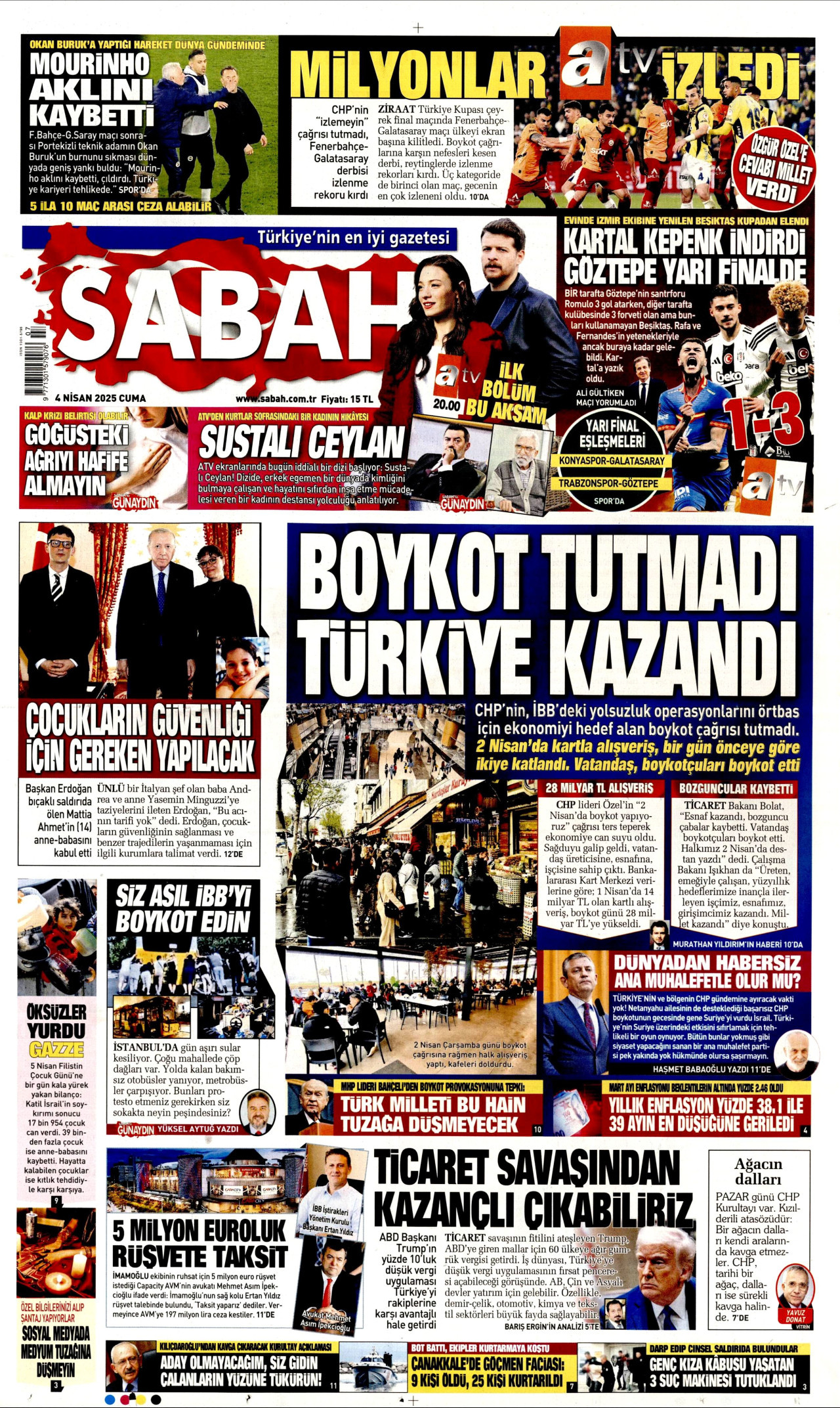 SABAH gazetesinin 4 Nisan 2025 tarihli birinci sayfası