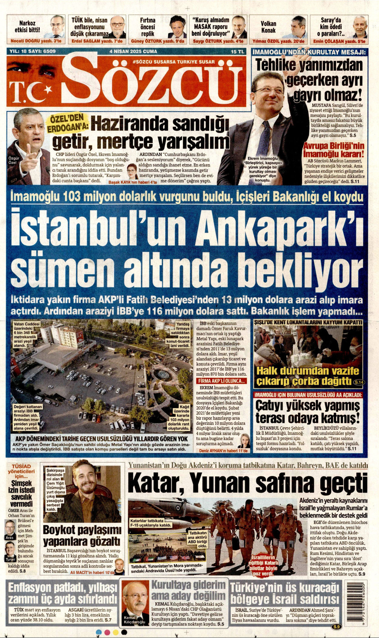 SÖZCÜ gazetesinin 4 Nisan 2025 tarihli birinci sayfası
