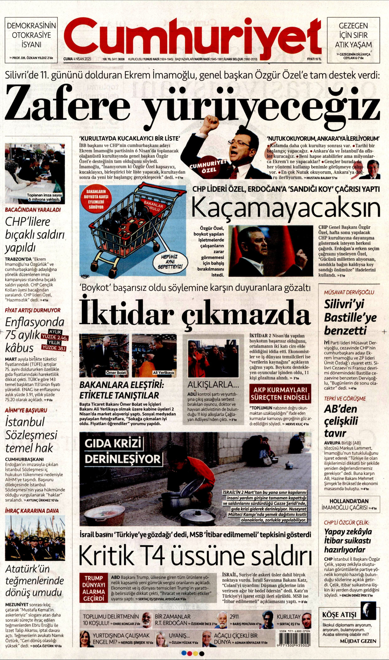 CUMHURİYET gazetesinin 4 Nisan 2025 tarihli birinci sayfası
