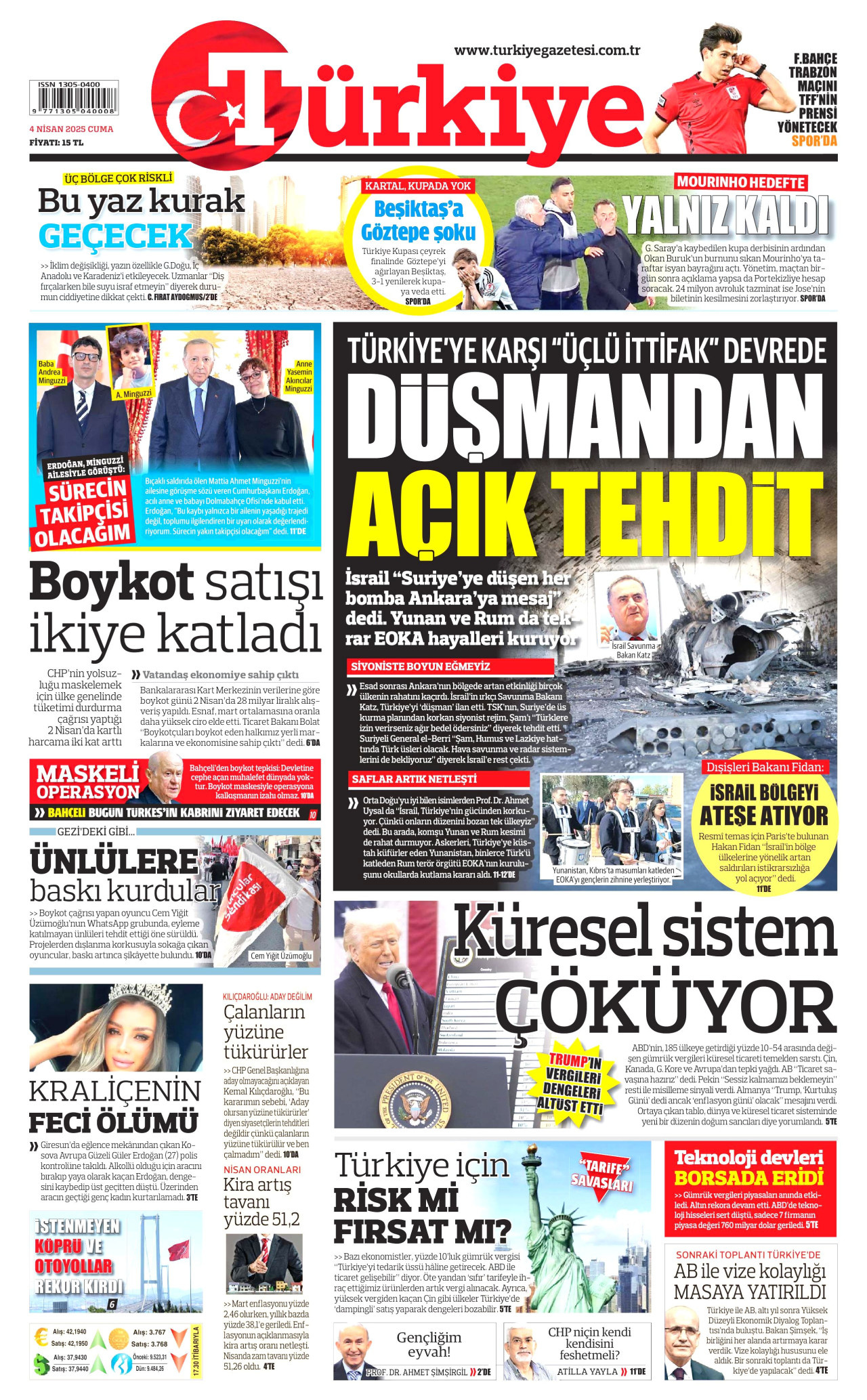 TÜRKİYE GAZETESİ gazetesinin 4 Nisan 2025 tarihli birinci sayfası