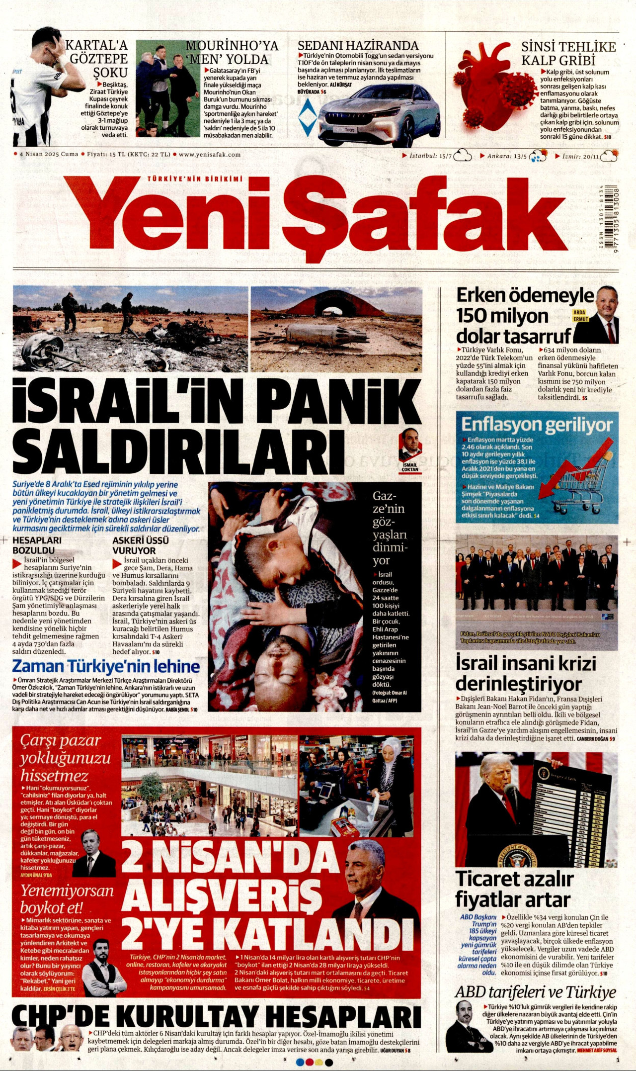 YENİ ŞAFAK gazetesinin 4 Nisan 2025 tarihli birinci sayfası