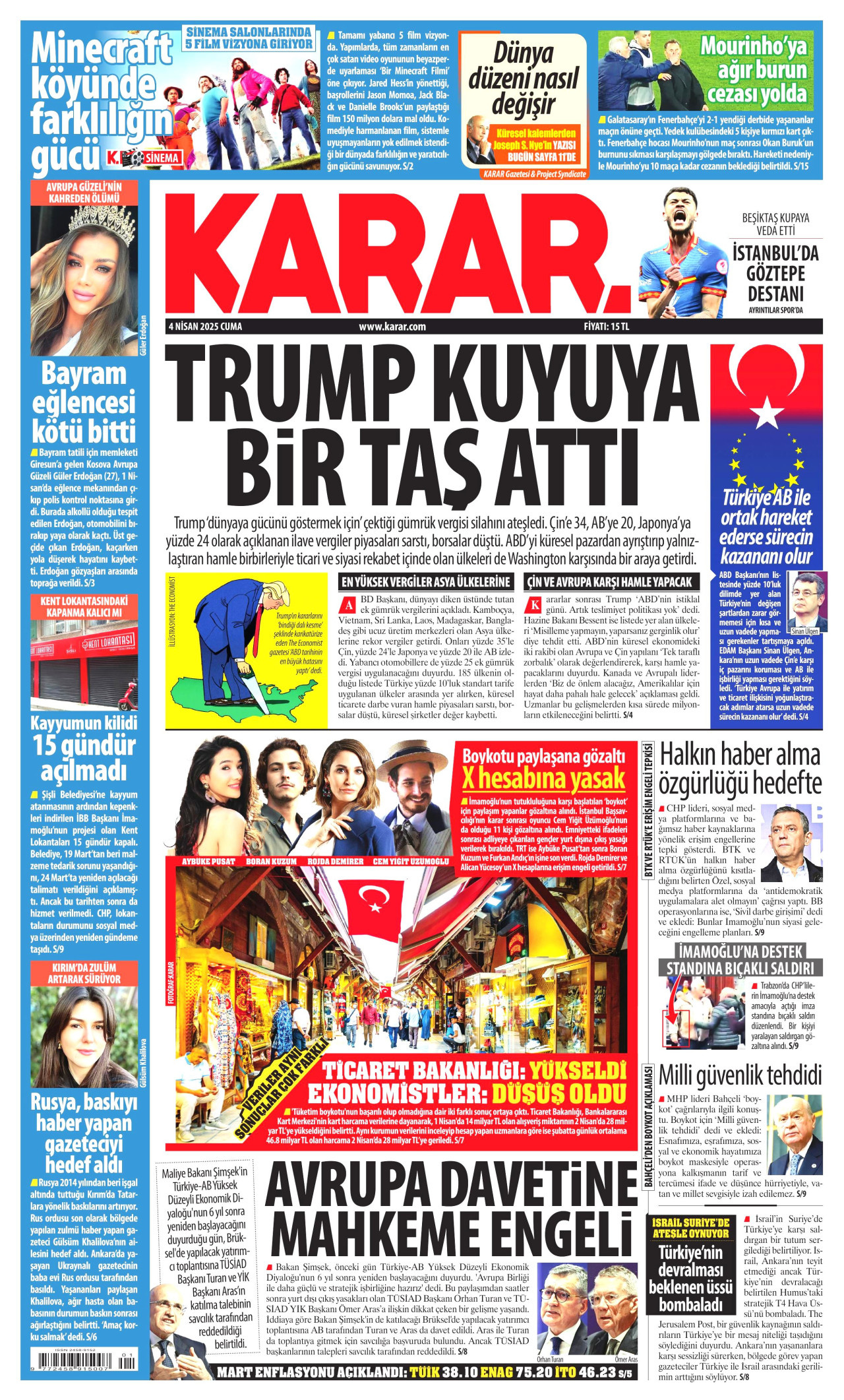 KARAR gazetesinin 4 Nisan 2025 tarihli birinci sayfası