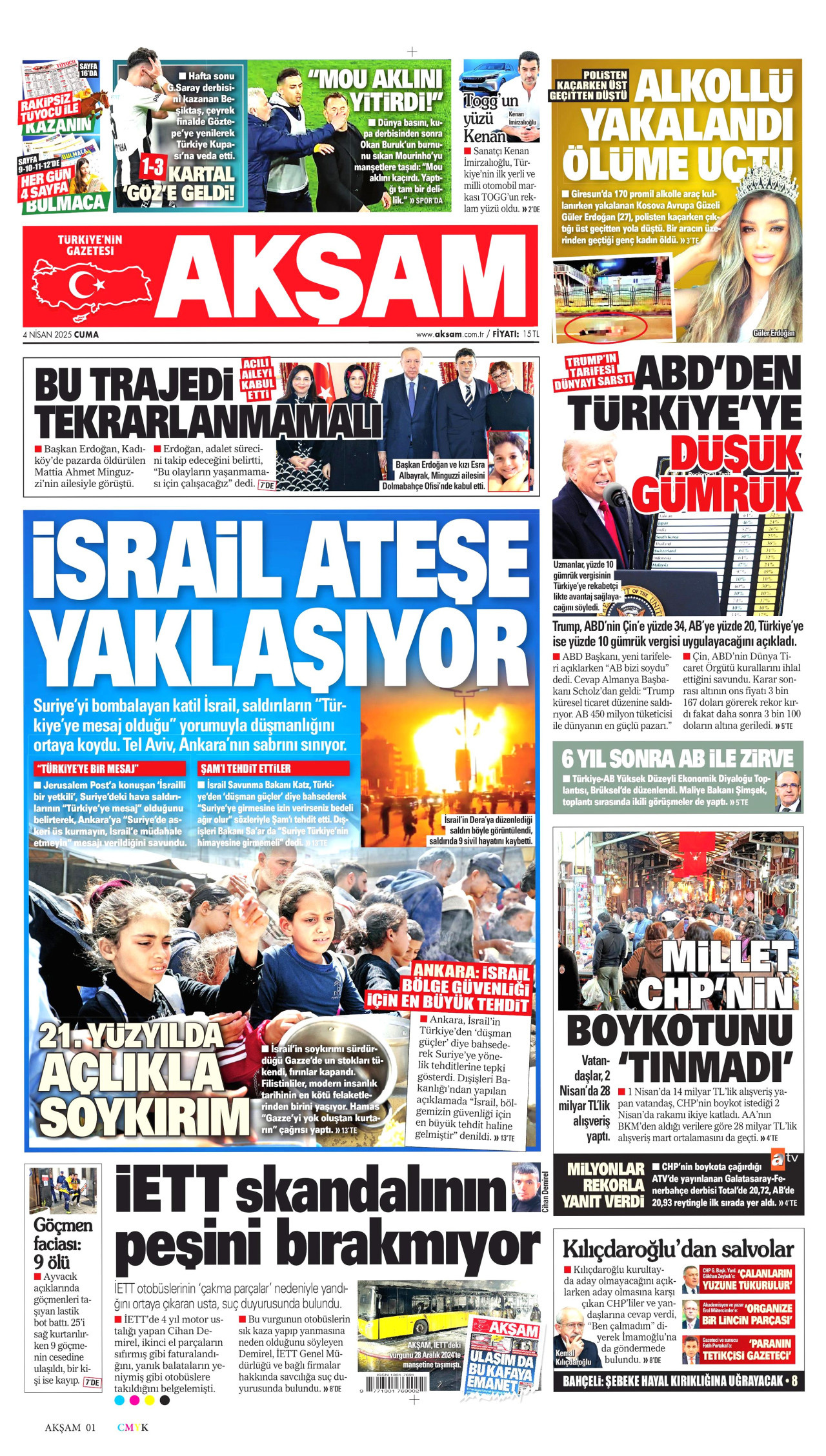 AKŞAM gazetesinin 4 Nisan 2025 tarihli birinci sayfası