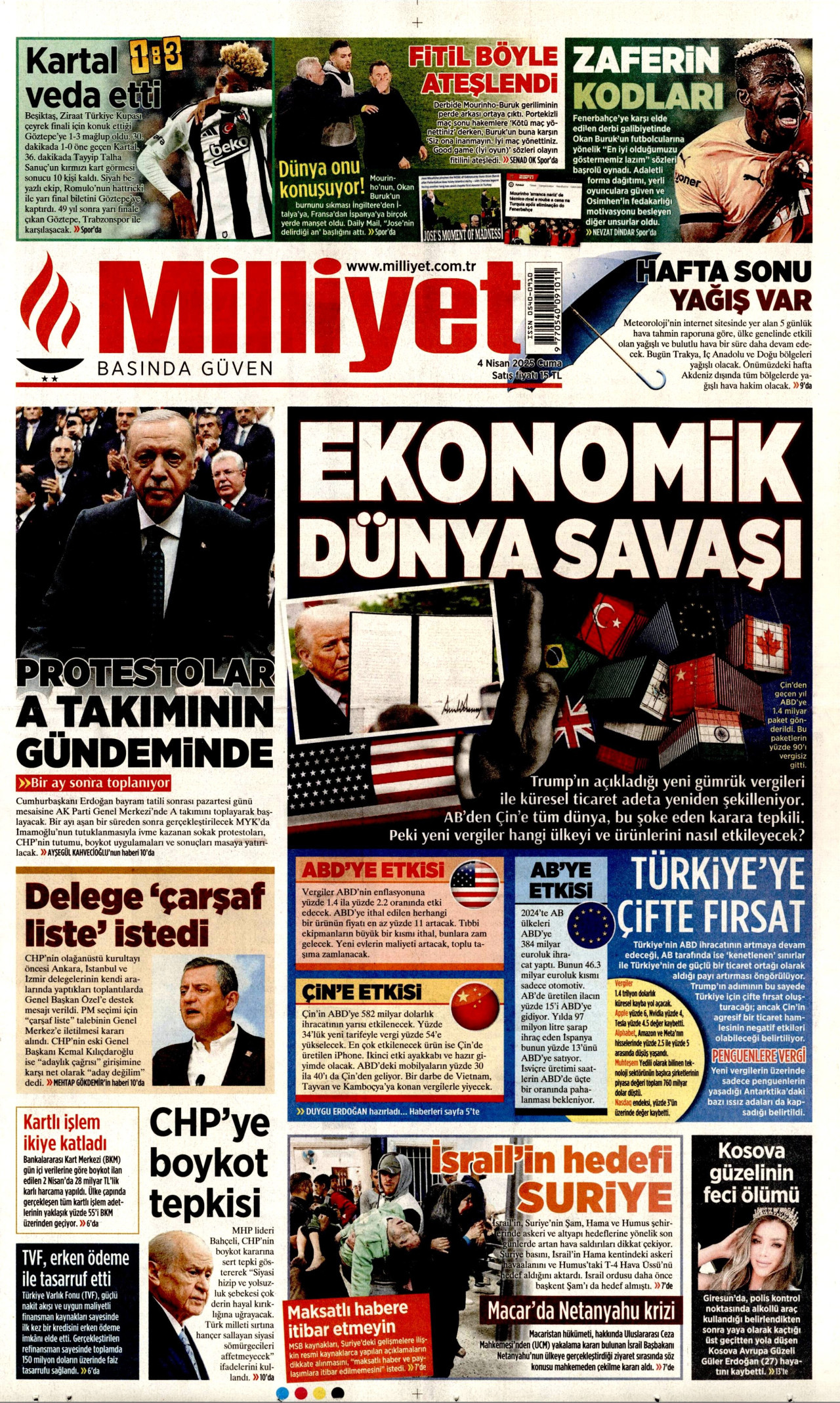 MİLLİYET gazetesinin 4 Nisan 2025 tarihli birinci sayfası