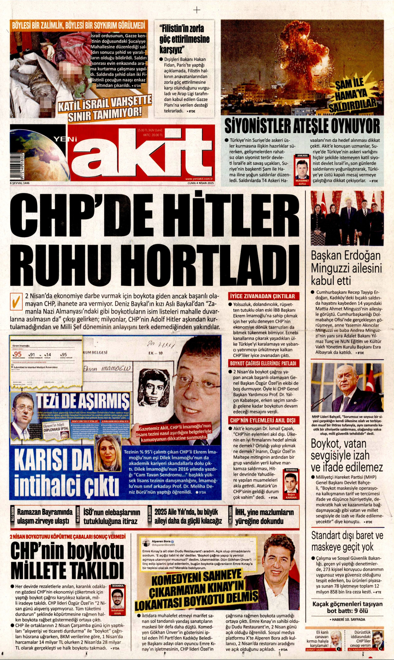 YENİ AKİT gazetesinin 4 Nisan 2025 tarihli birinci sayfası