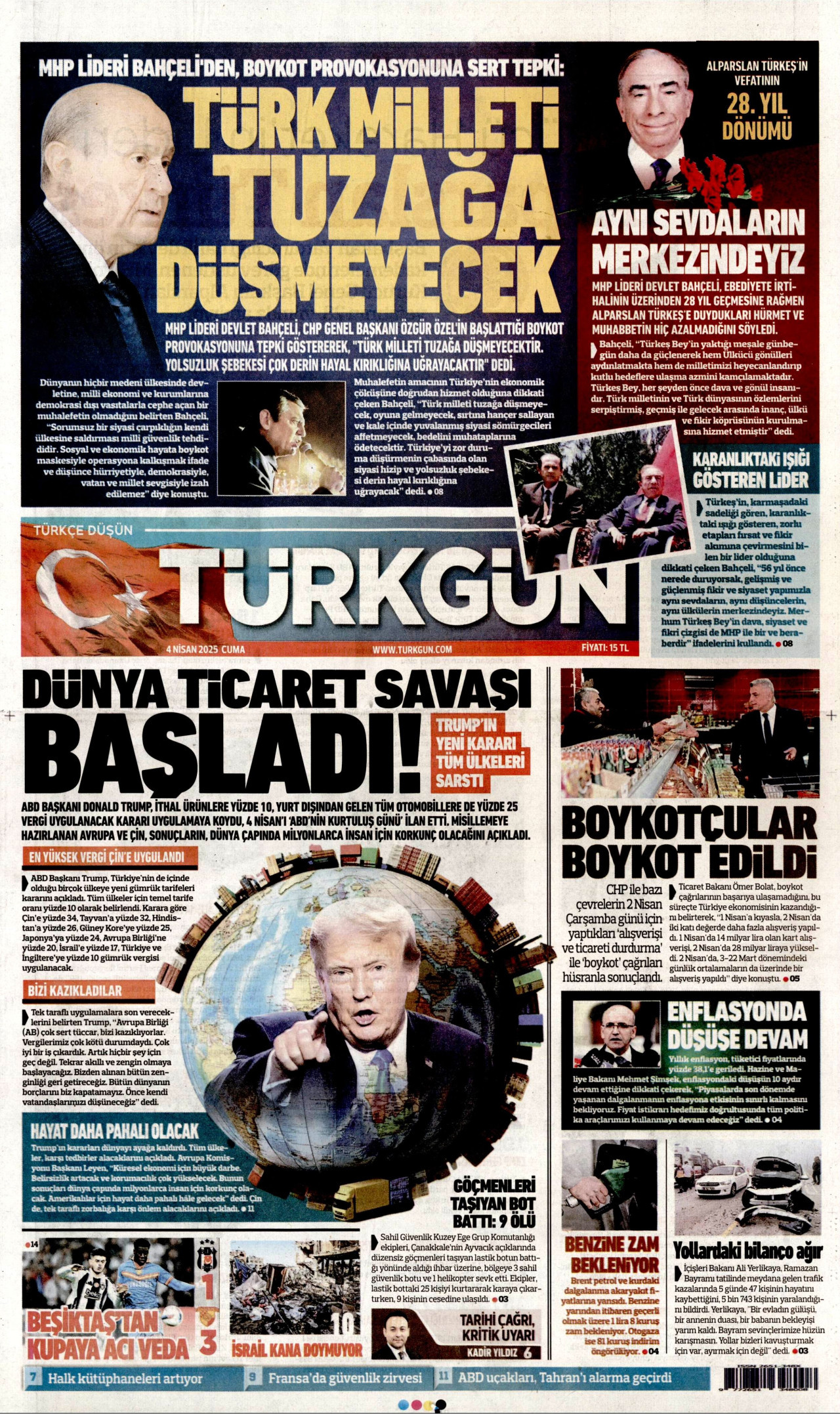 TÜRKGÜN gazetesinin 4 Nisan 2025 tarihli birinci sayfası