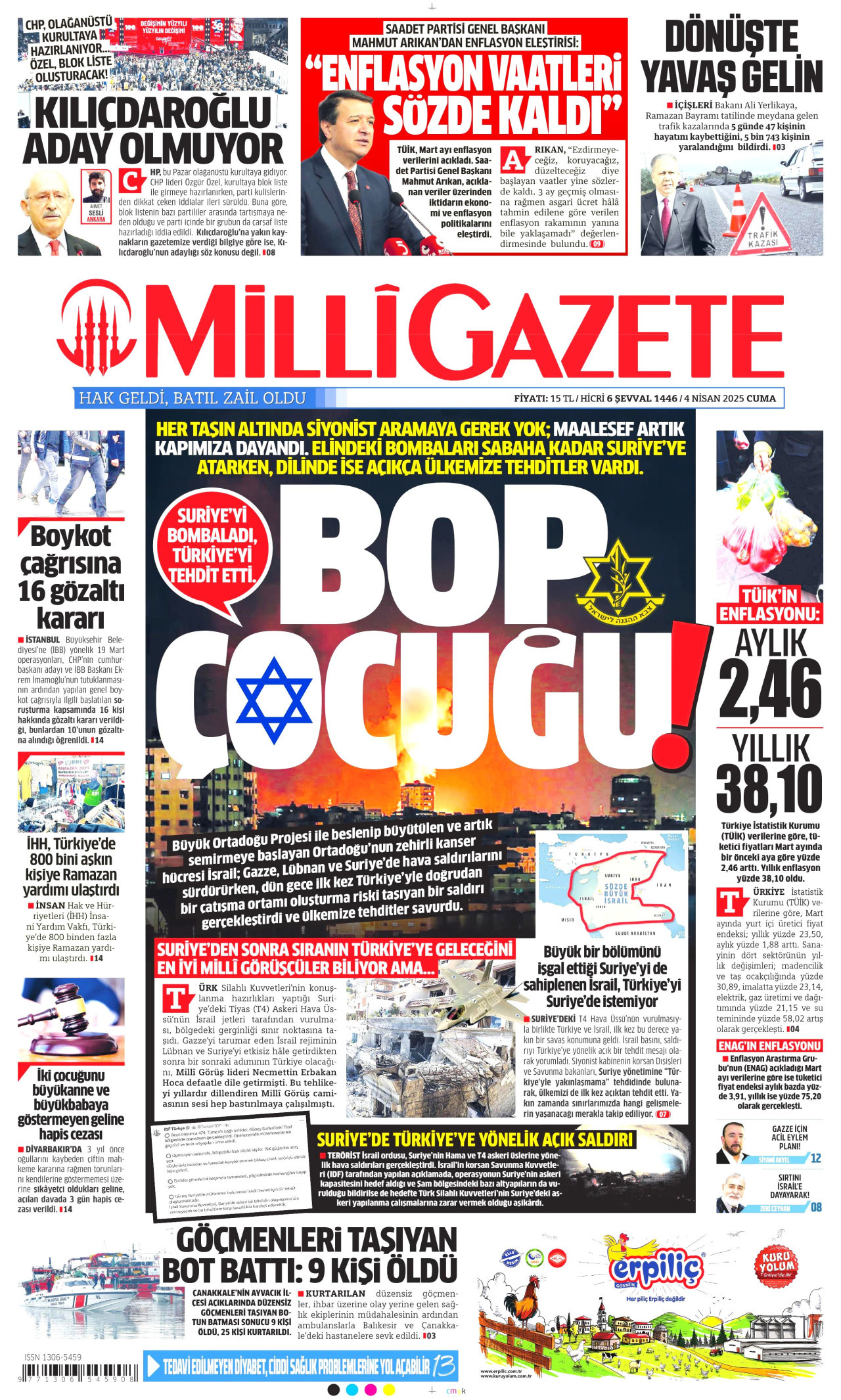 MİLLİ GAZETE gazetesinin 4 Nisan 2025 tarihli birinci sayfası