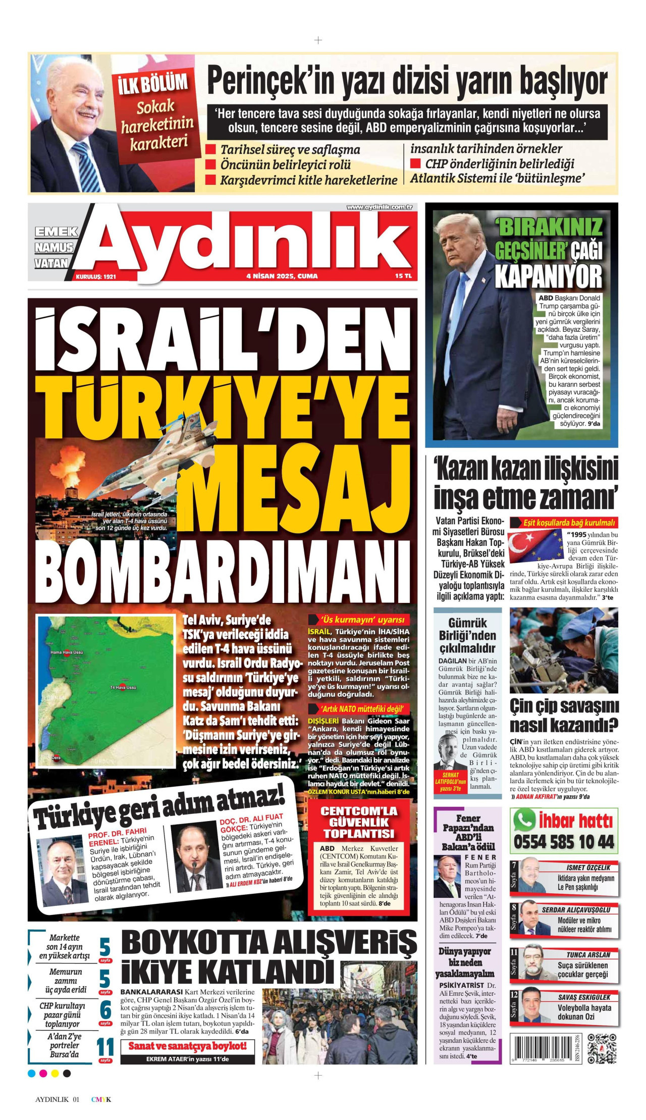 AYDINLIK GAZETESİ gazetesinin 4 Nisan 2025 tarihli birinci sayfası