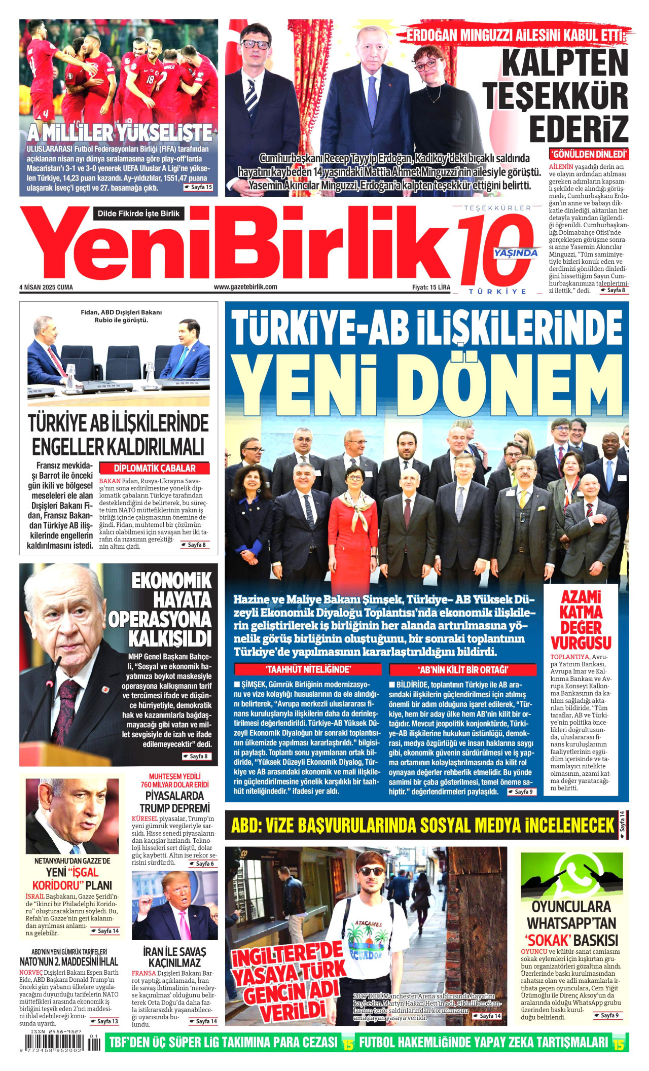 YENİBİRLİK gazetesinin 4 Nisan 2025 tarihli birinci sayfası
