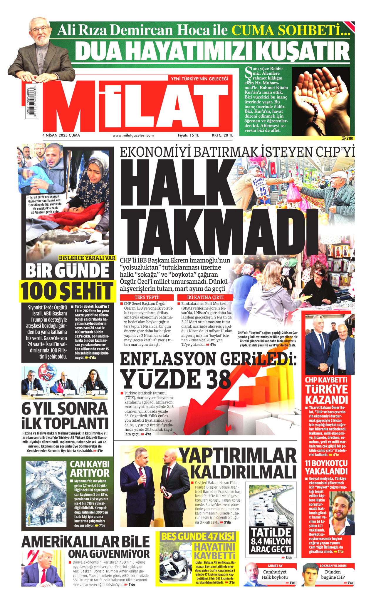 MİLAT gazetesinin 4 Nisan 2025 tarihli birinci sayfası
