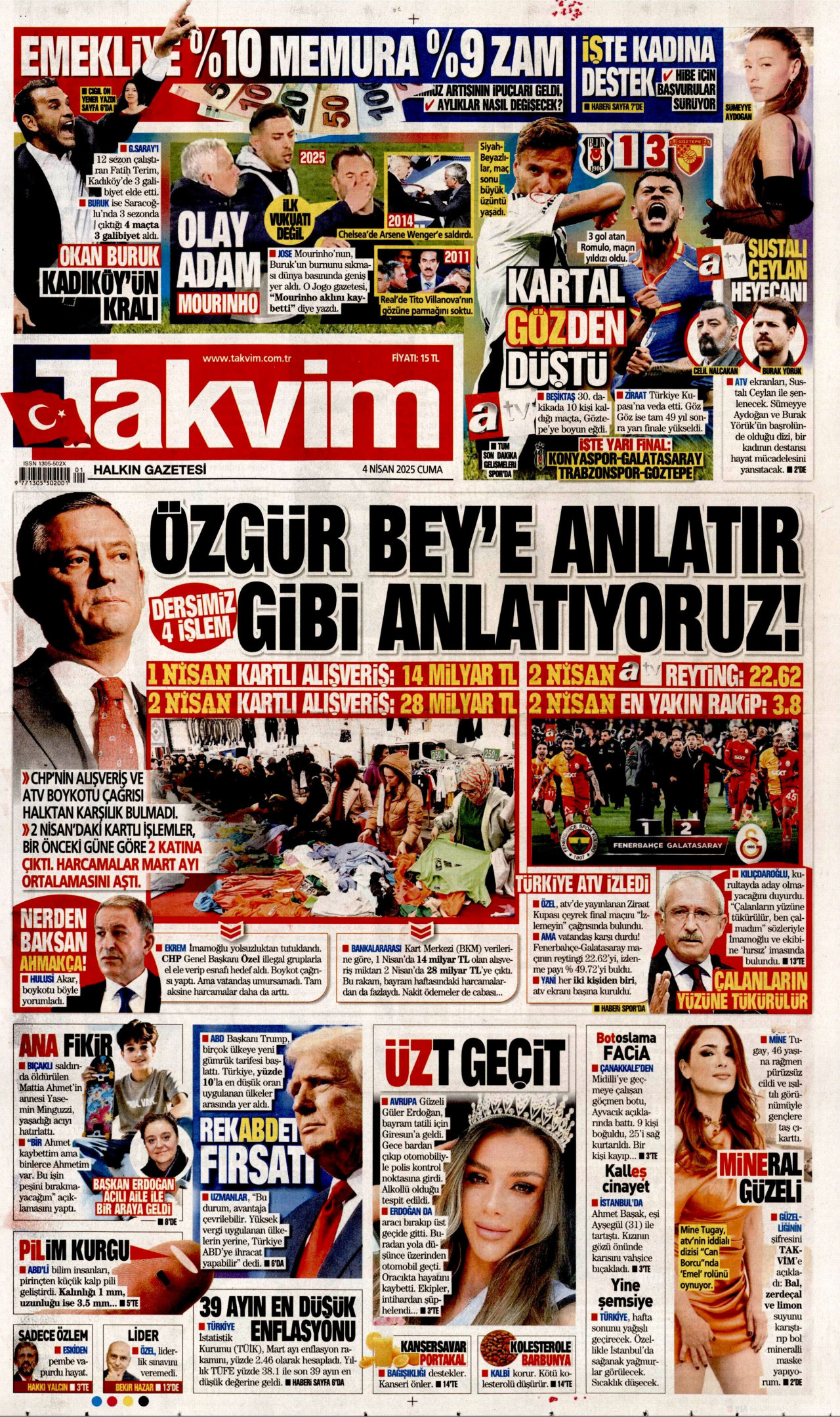 TAKVİM gazetesinin 4 Nisan 2025 tarihli birinci sayfası
