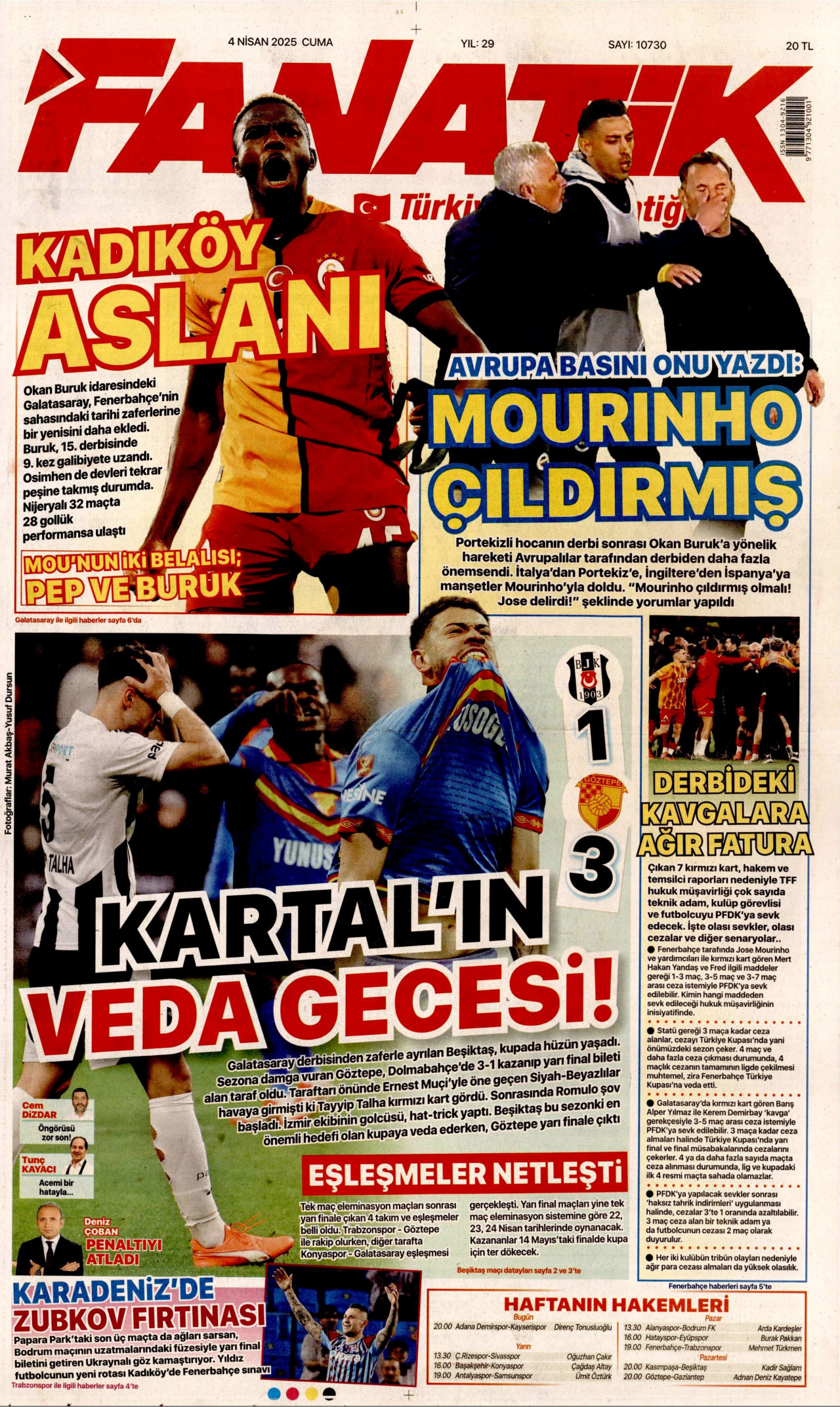 FANATİK gazetesinin 4 Nisan 2025 tarihli birinci sayfası