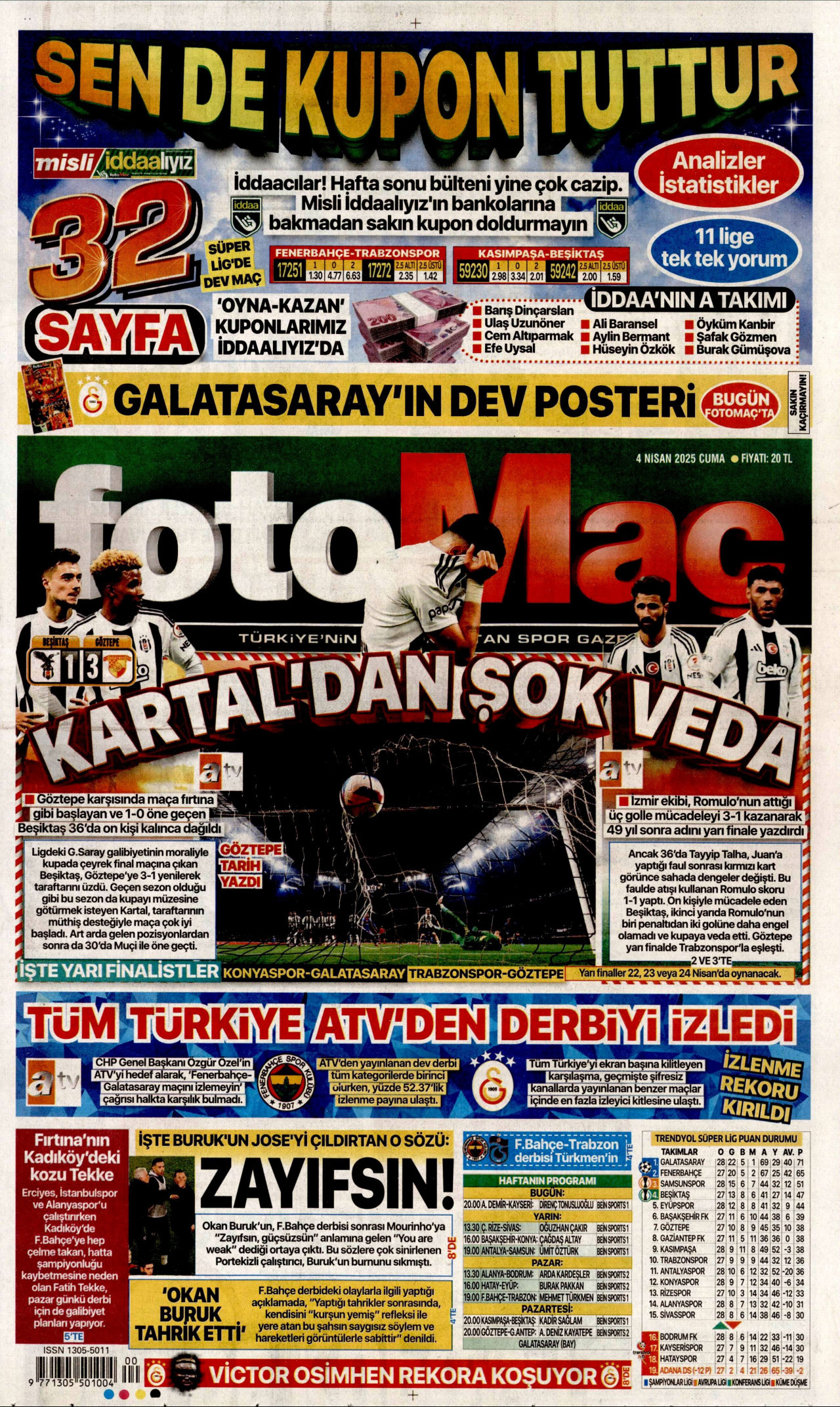FOTOMAÇ gazetesinin 4 Nisan 2025 tarihli birinci sayfası