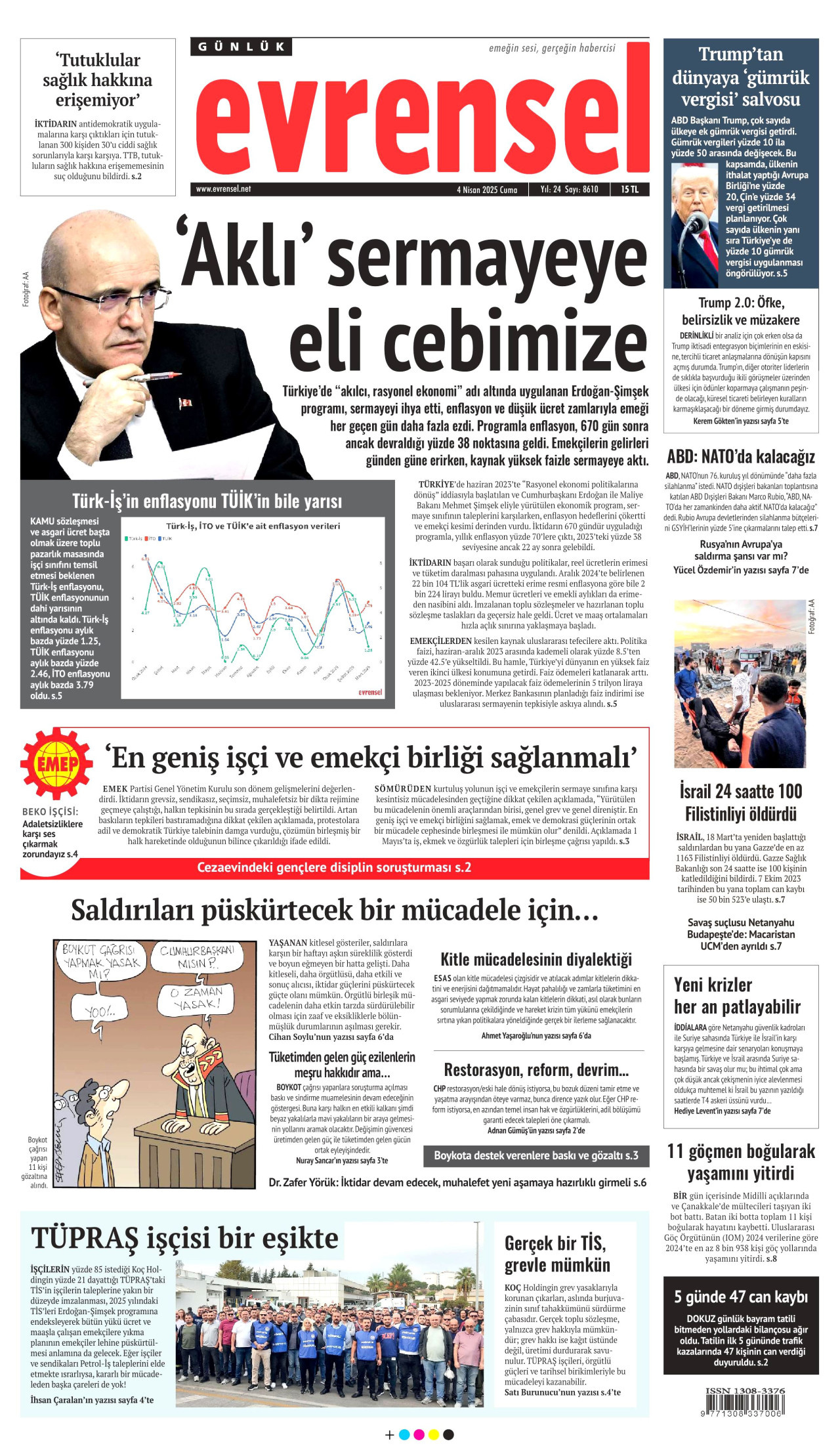 EVRENSEL gazetesinin 4 Nisan 2025 tarihli birinci sayfası