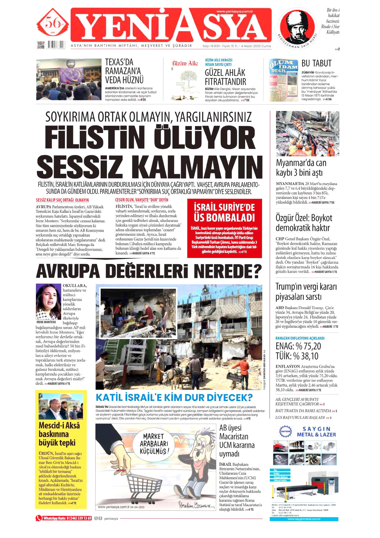 YENİ ASYA gazetesinin 4 Nisan 2025 tarihli birinci sayfası