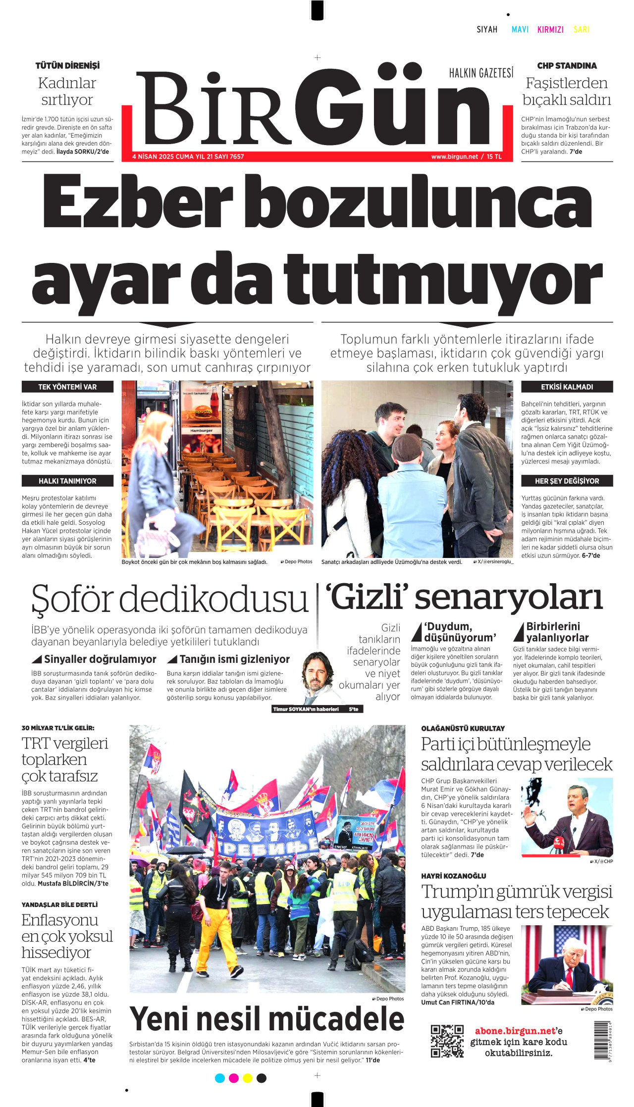 BİRGÜN gazetesinin 4 Nisan 2025 tarihli birinci sayfası