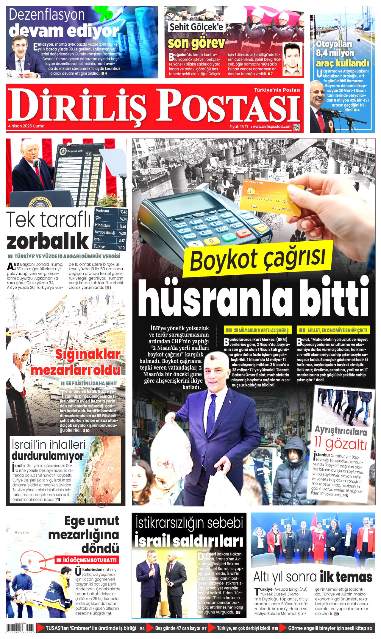 DİRİLİŞ POSTASI gazetesinin 4 Nisan 2025 tarihli birinci sayfası