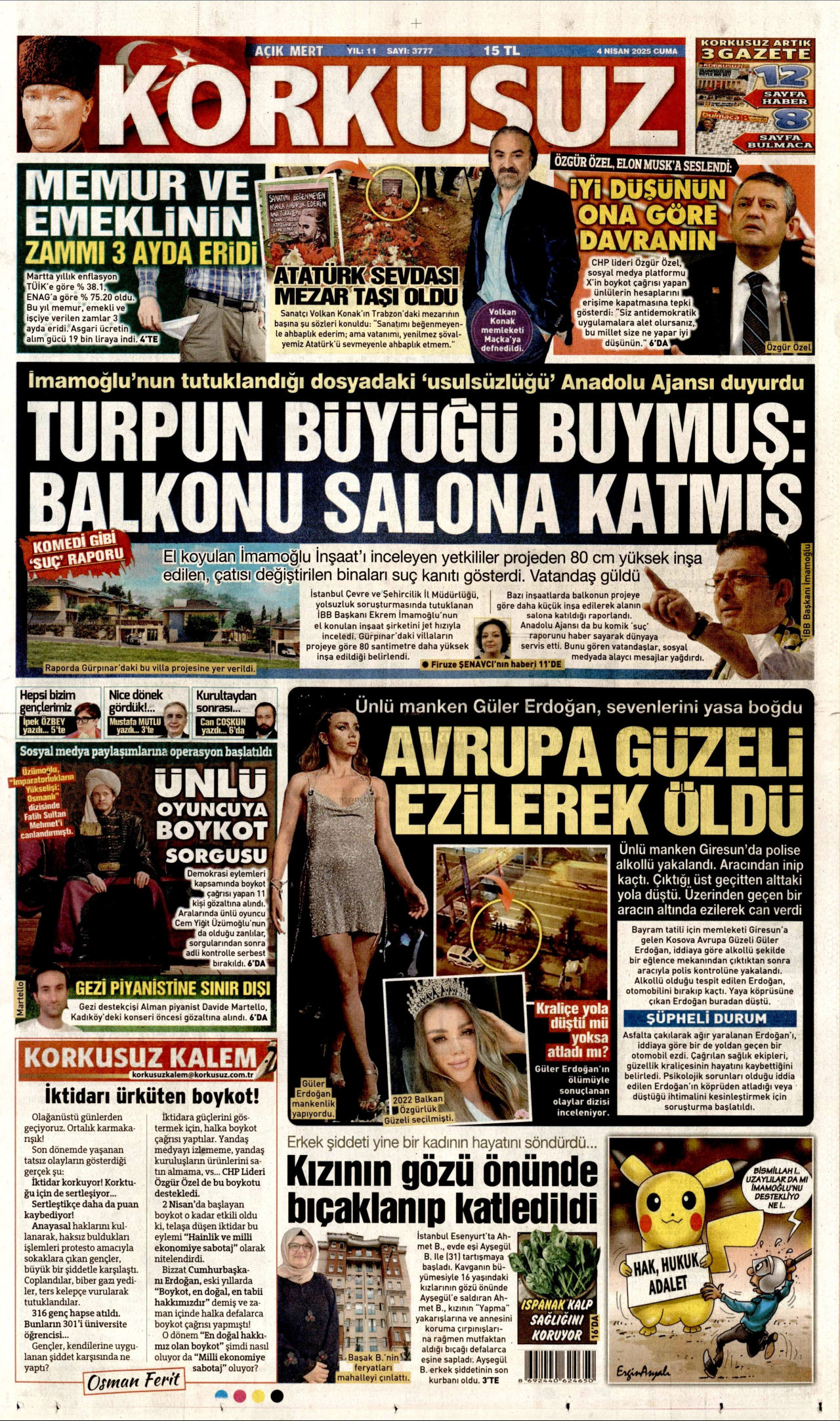KORKUSUZ gazetesinin 4 Nisan 2025 tarihli birinci sayfası