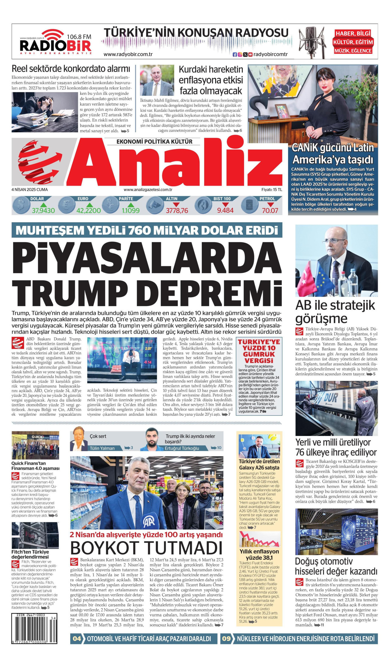 ANALİZ gazetesinin 4 Nisan 2025 tarihli birinci sayfası