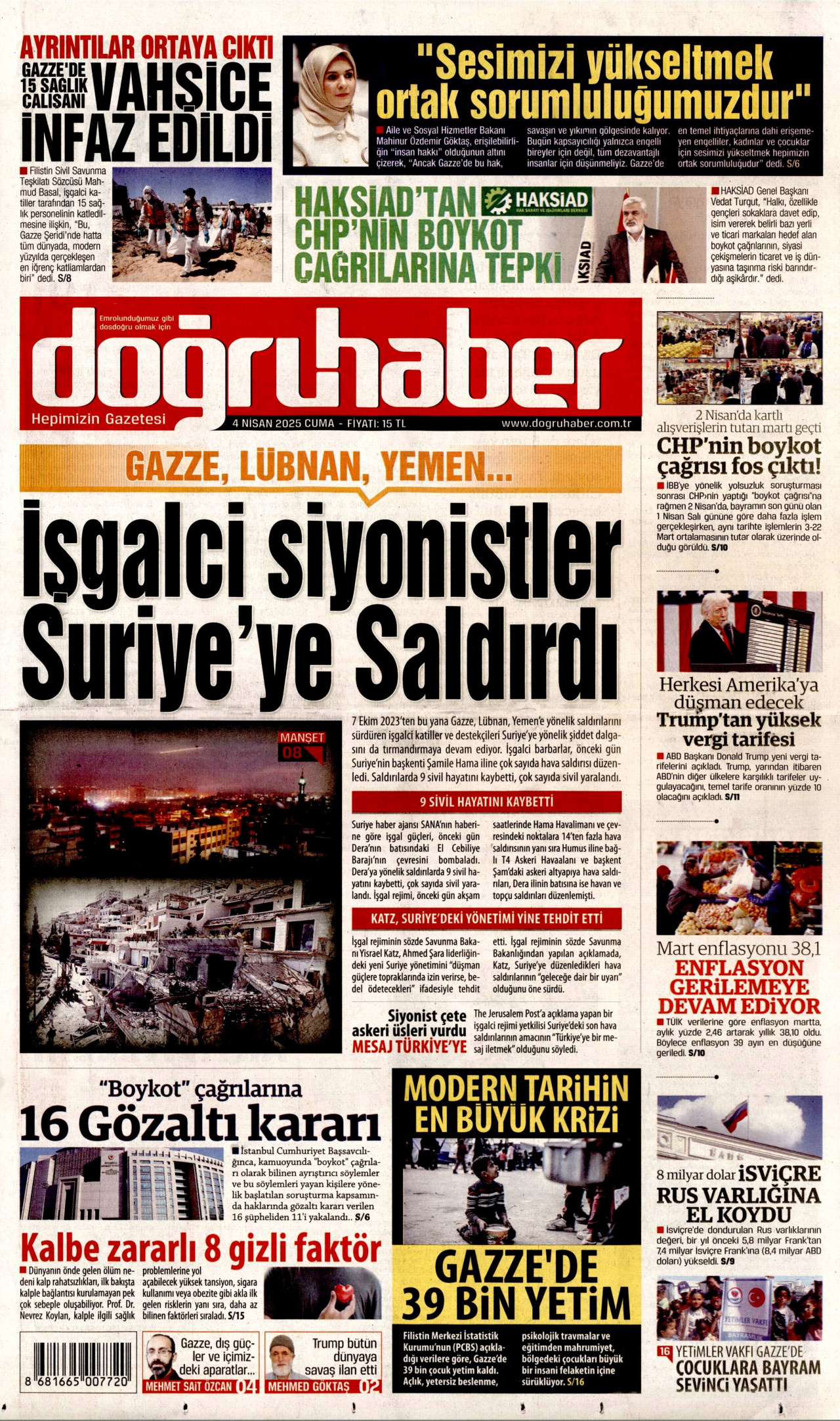 DOĞRU HABER gazetesinin 4 Nisan 2025 tarihli birinci sayfası