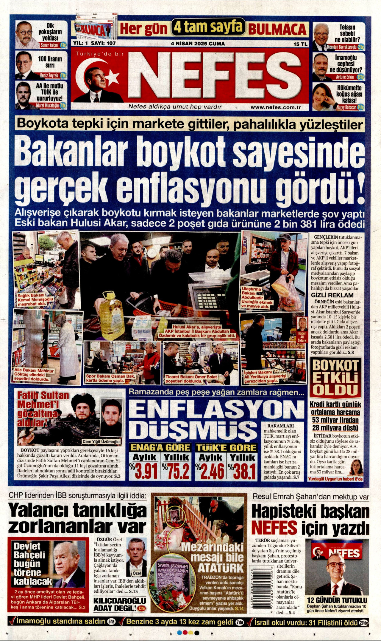 NEFES gazetesinin 4 Nisan 2025 tarihli birinci sayfası