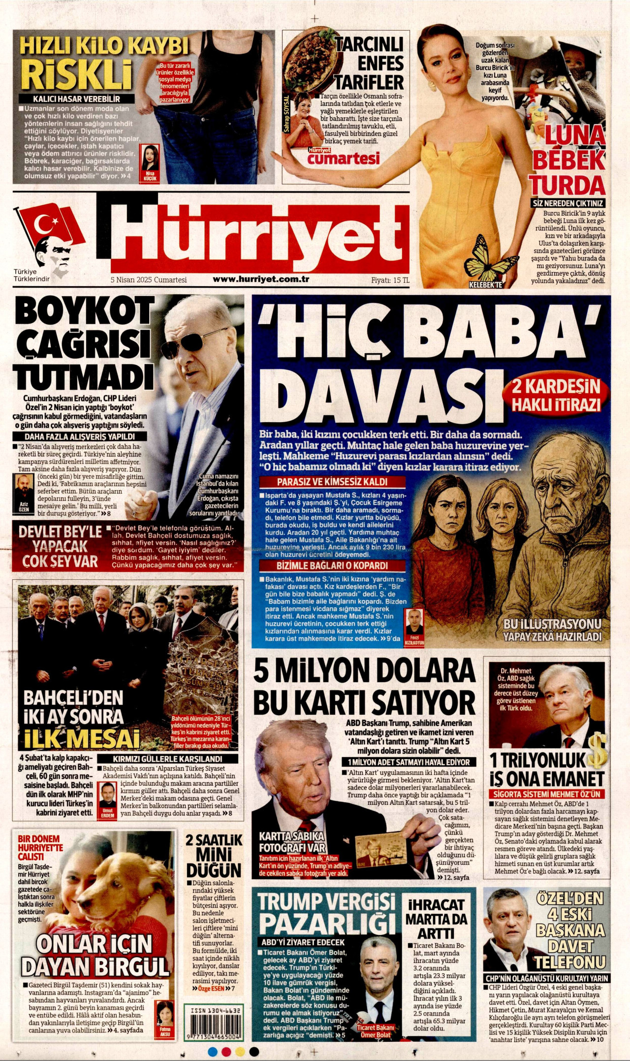 HÜRRİYET gazetesinin 5 Nisan 2025 tarihli birinci sayfası