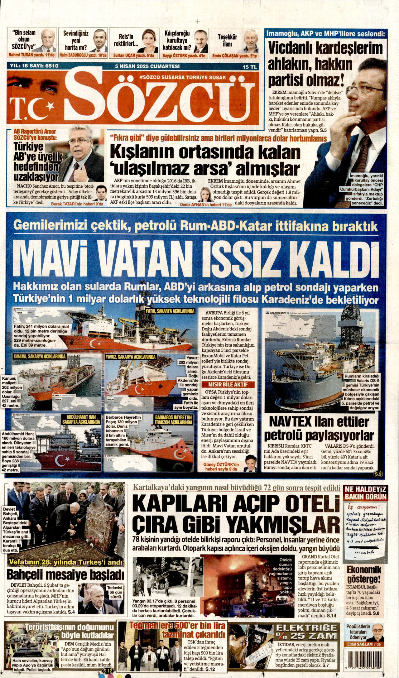 SÖZCÜ gazetesinin 5 Nisan 2025 tarihli birinci sayfası