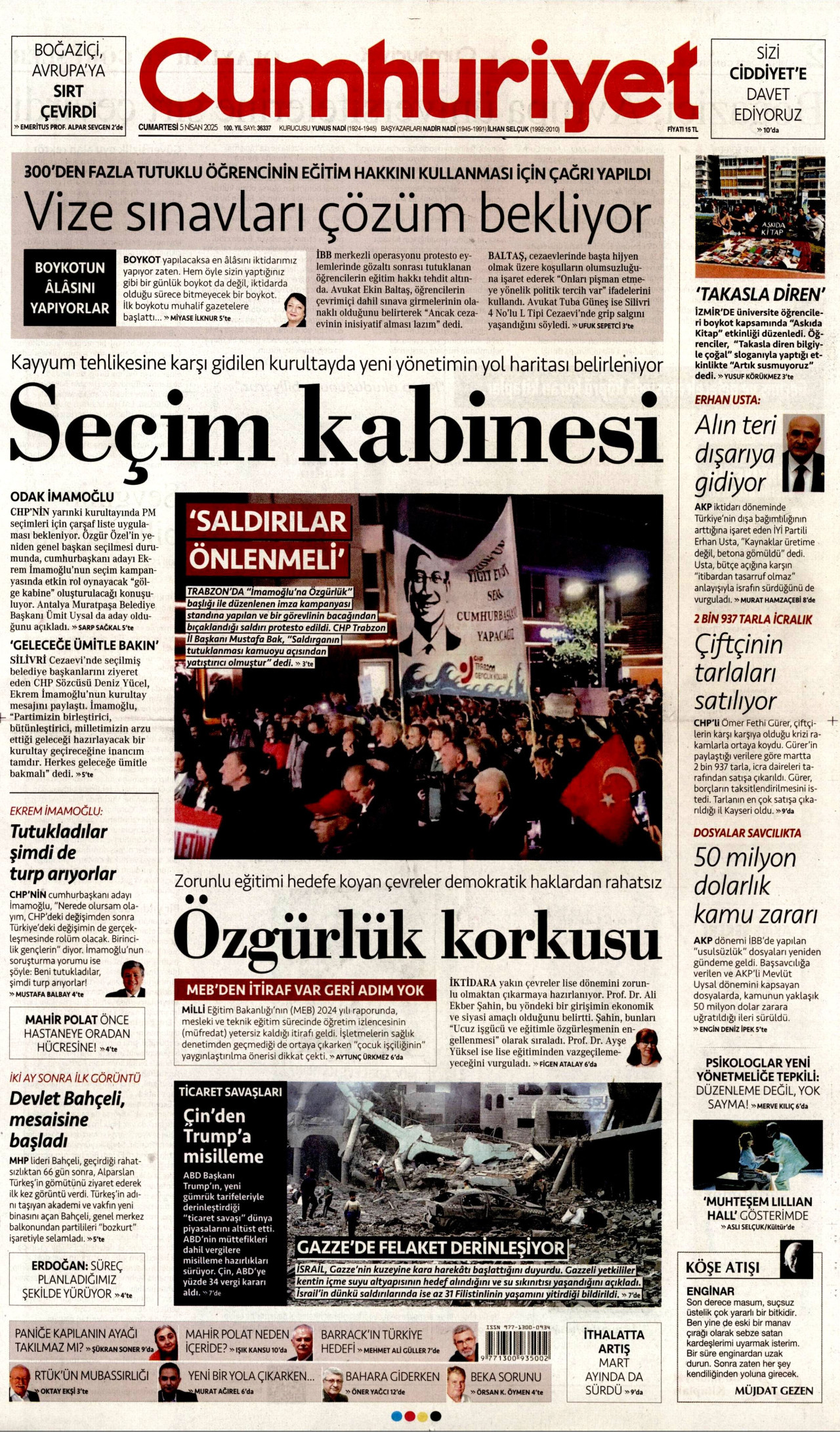 CUMHURİYET gazetesinin 5 Nisan 2025 tarihli birinci sayfası