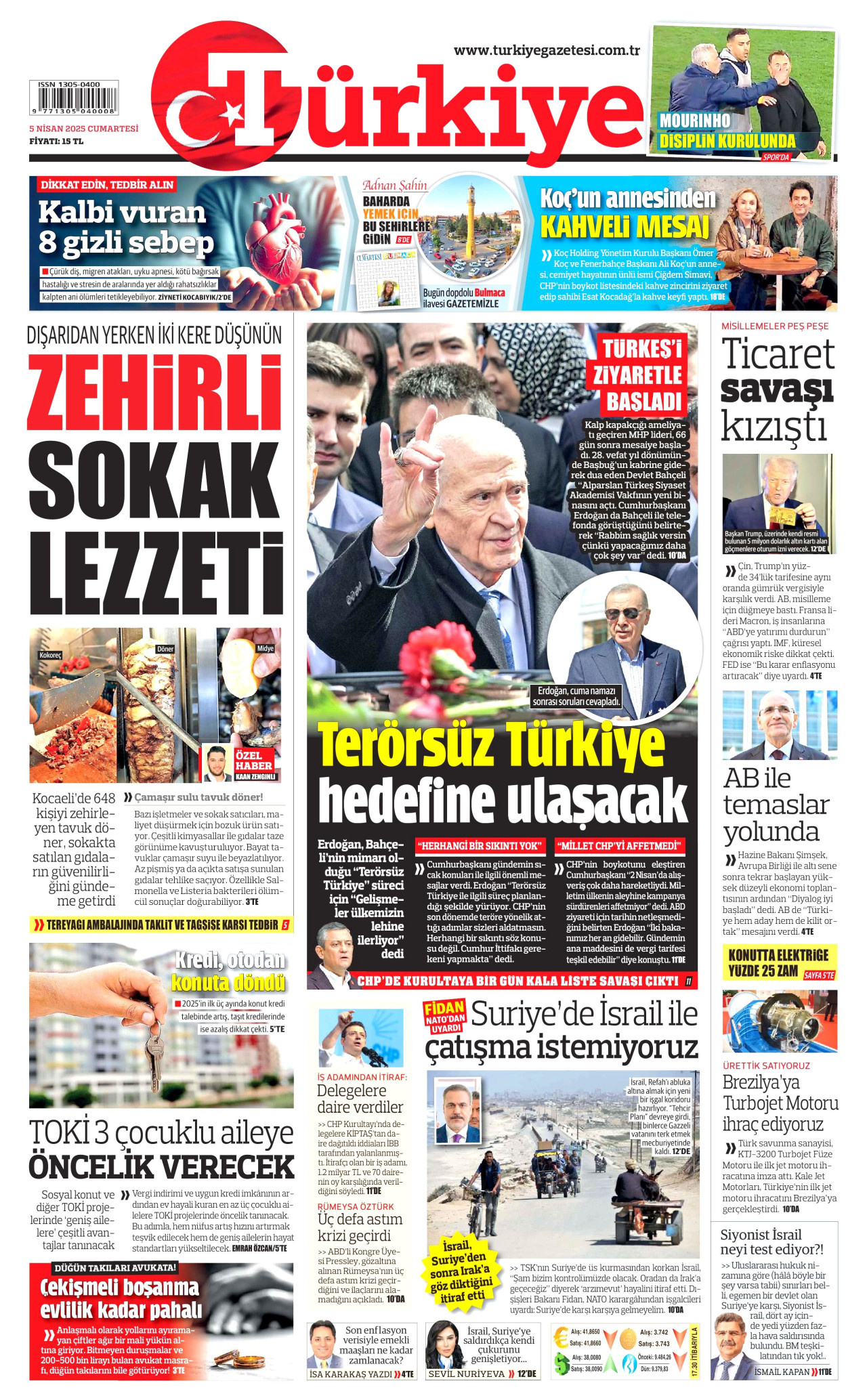 TÜRKİYE GAZETESİ gazetesinin 5 Nisan 2025 tarihli birinci sayfası