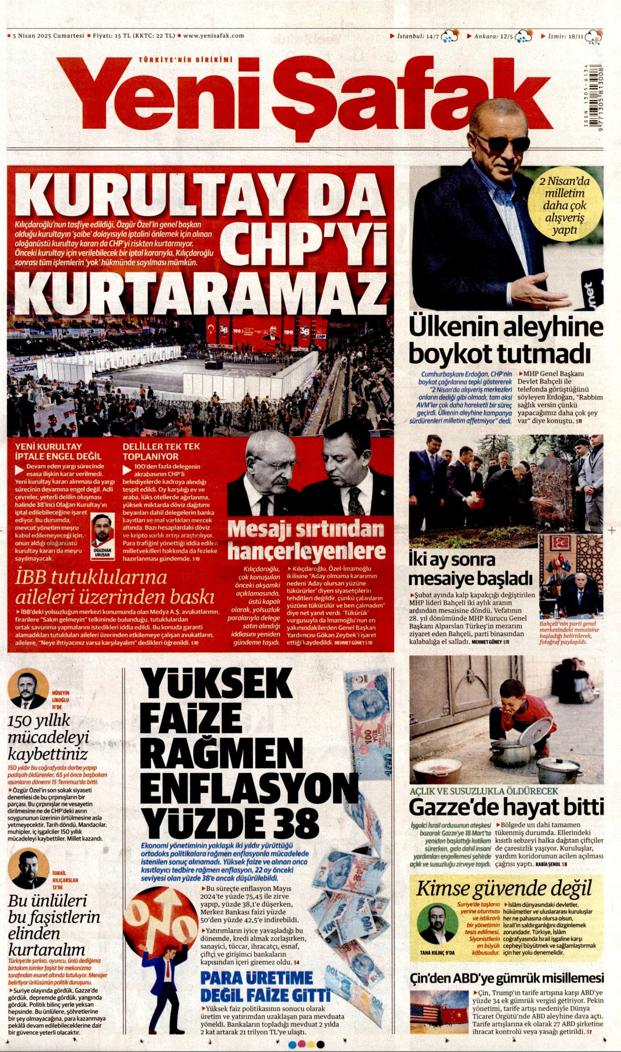 YENİ ŞAFAK gazetesinin 5 Nisan 2025 tarihli birinci sayfası