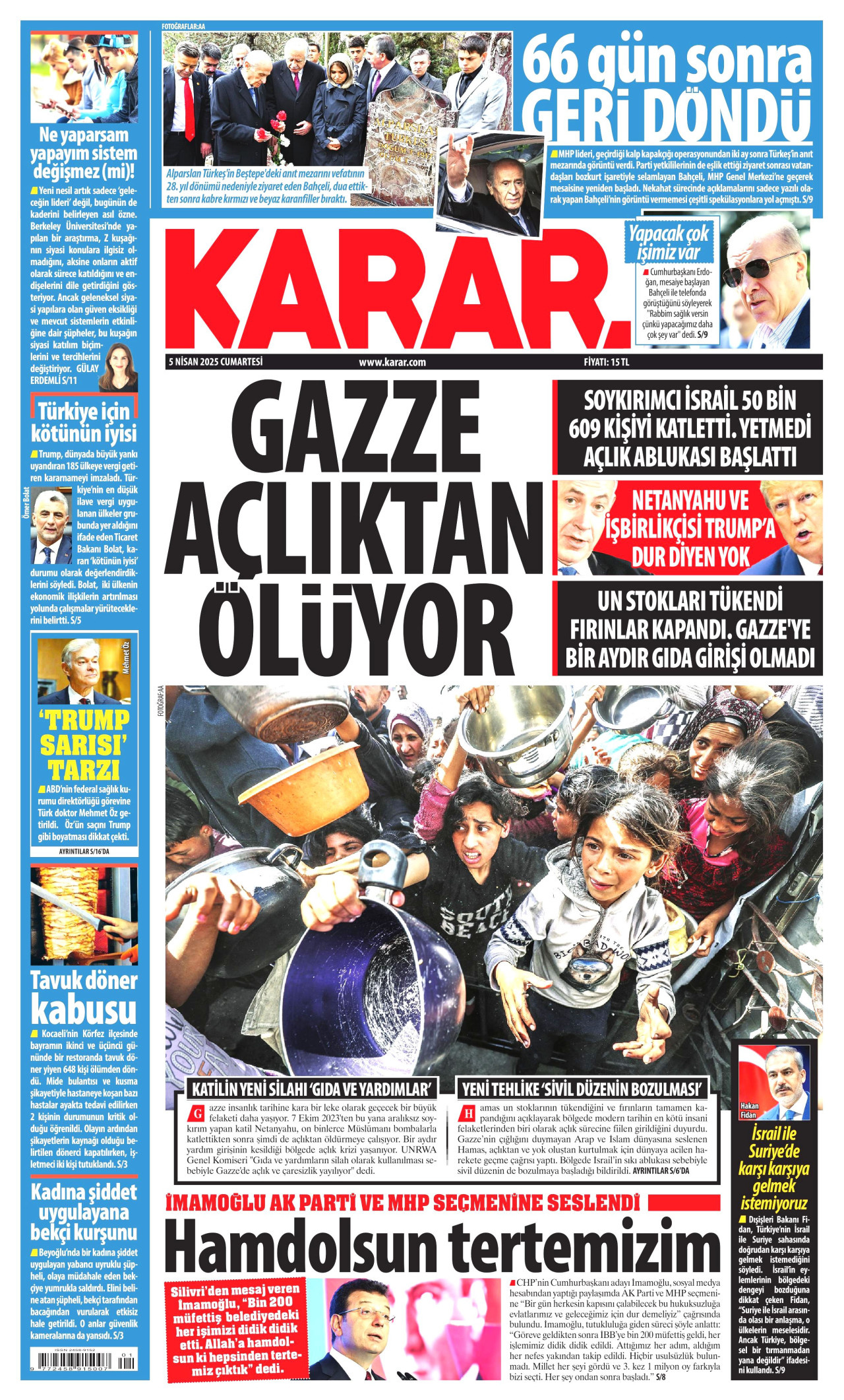 KARAR gazetesinin 5 Nisan 2025 tarihli birinci sayfası