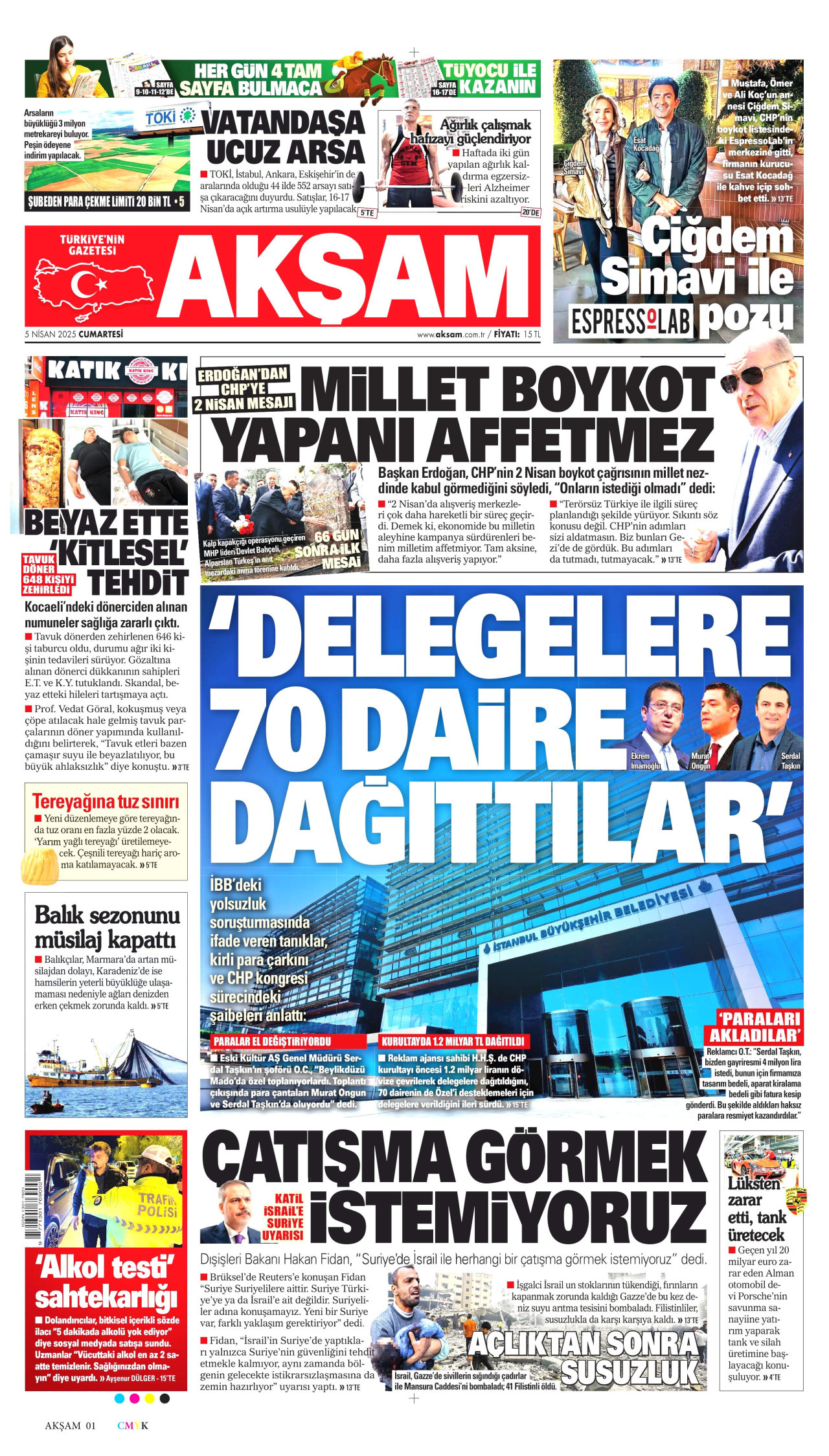 AKŞAM gazetesinin 5 Nisan 2025 tarihli birinci sayfası