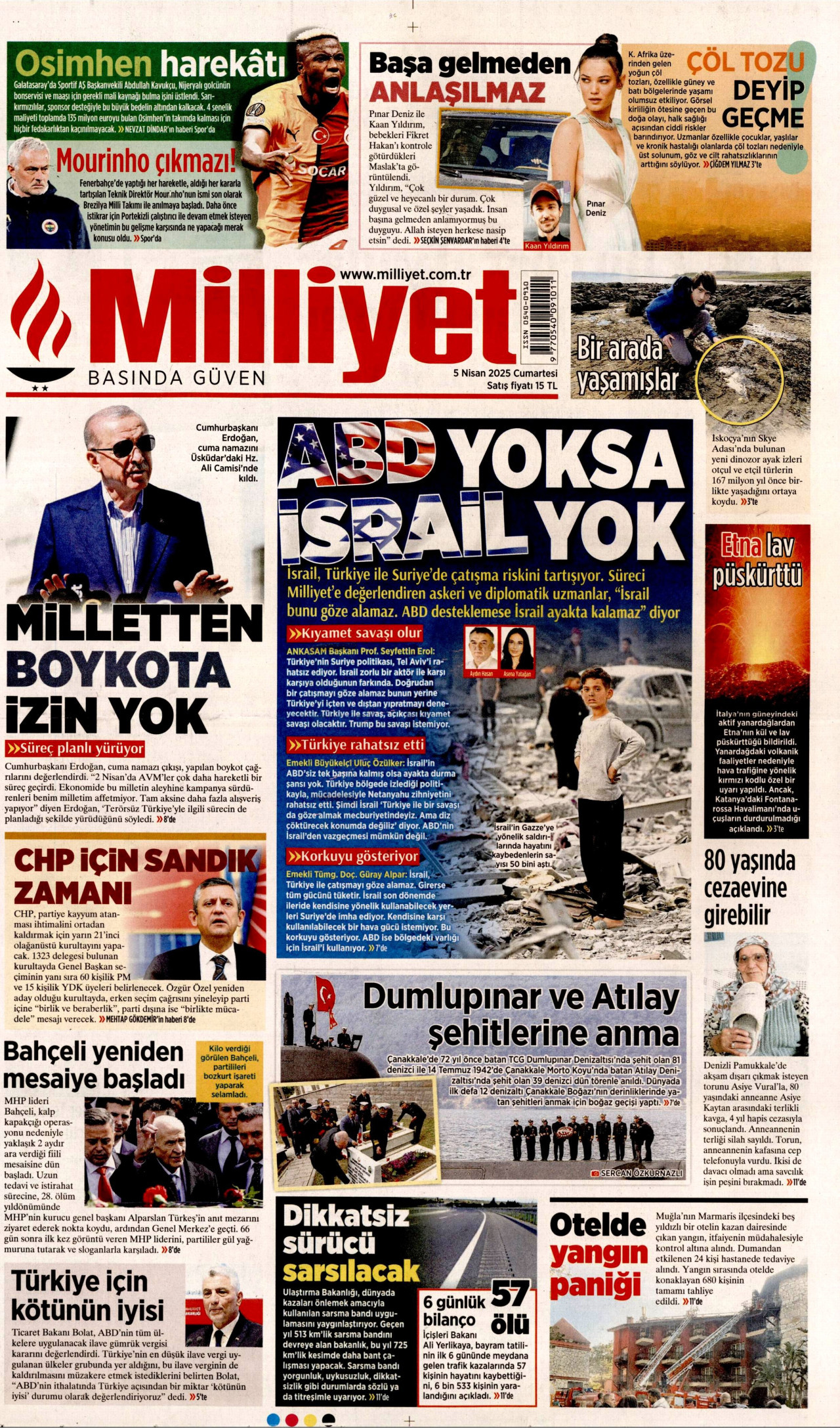 MİLLİYET gazetesinin 5 Nisan 2025 tarihli birinci sayfası