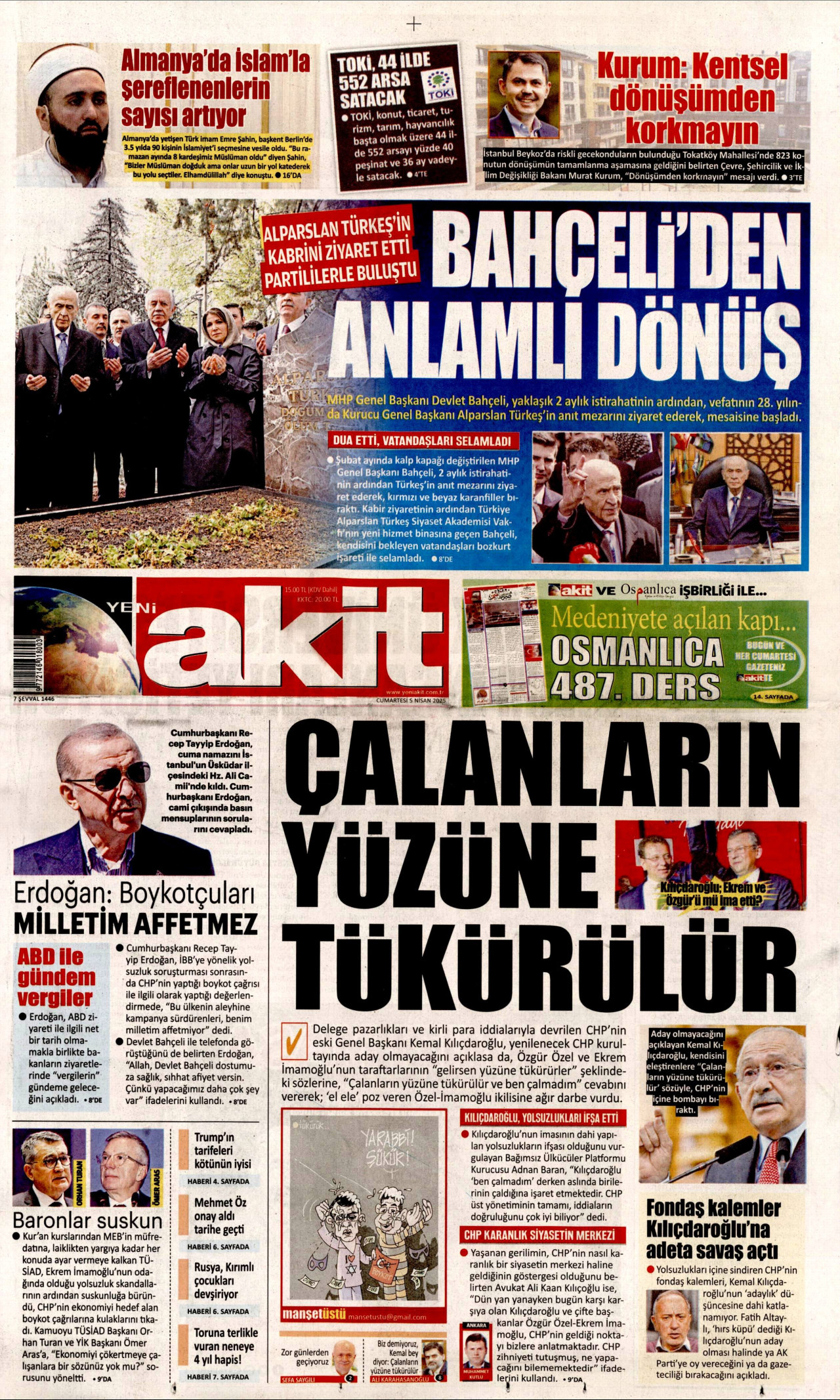 YENİ AKİT gazetesinin 5 Nisan 2025 tarihli birinci sayfası