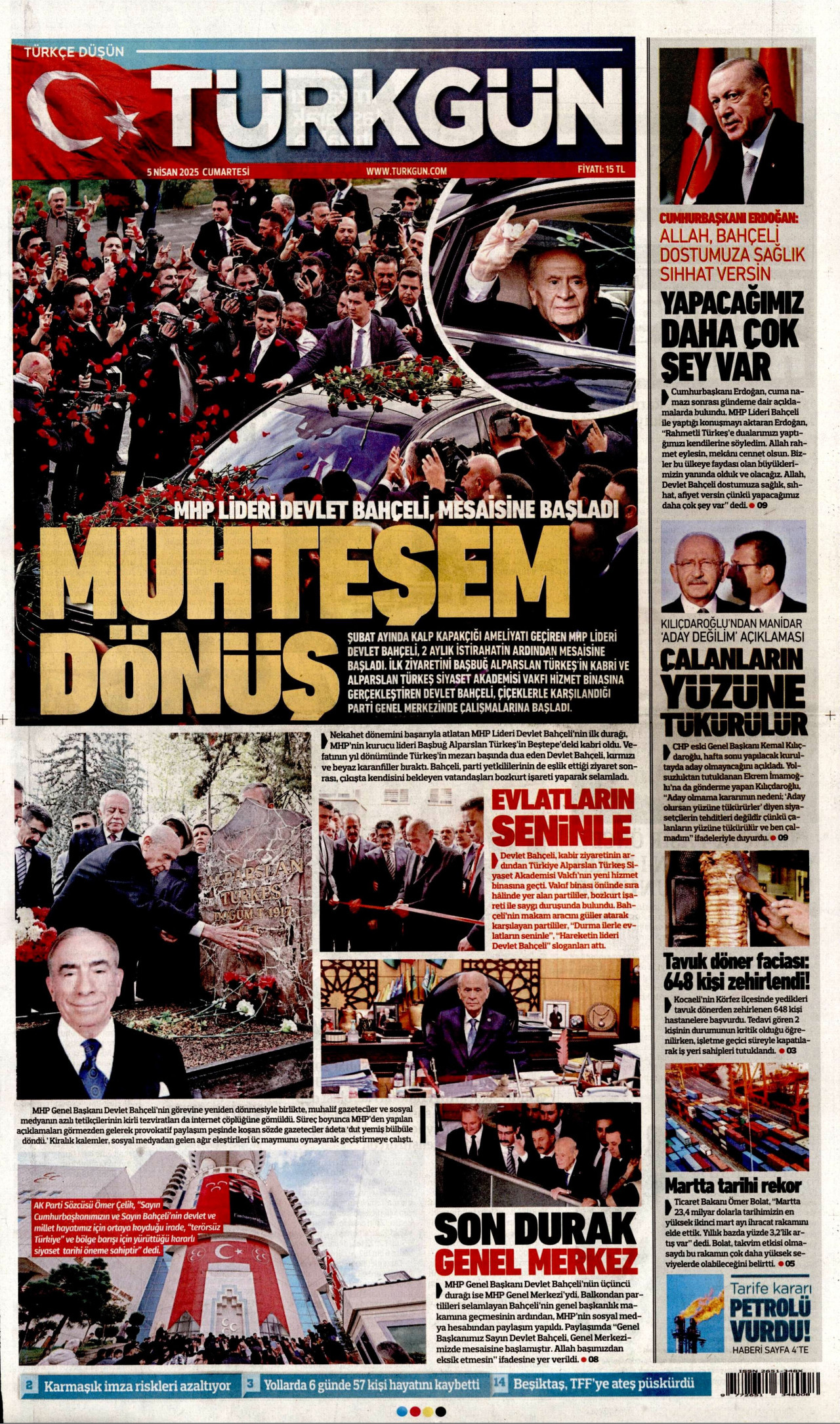 TÜRKGÜN gazetesinin 5 Nisan 2025 tarihli birinci sayfası