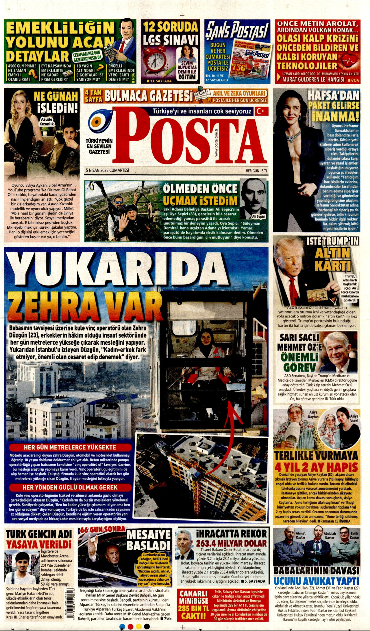 POSTA gazetesinin 5 Nisan 2025 tarihli birinci sayfası